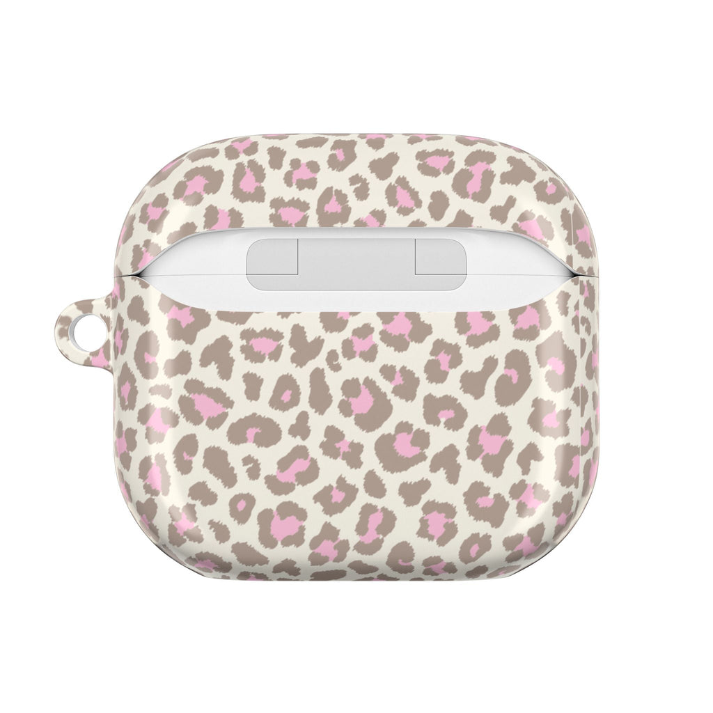 Beige AirPods case with leopard spots in pink; front charging window detail