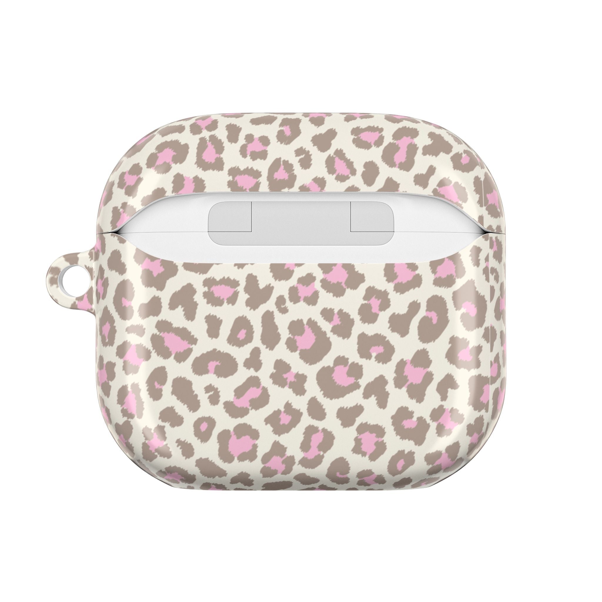 Beige AirPods case with leopard spots in pink; front charging window detail