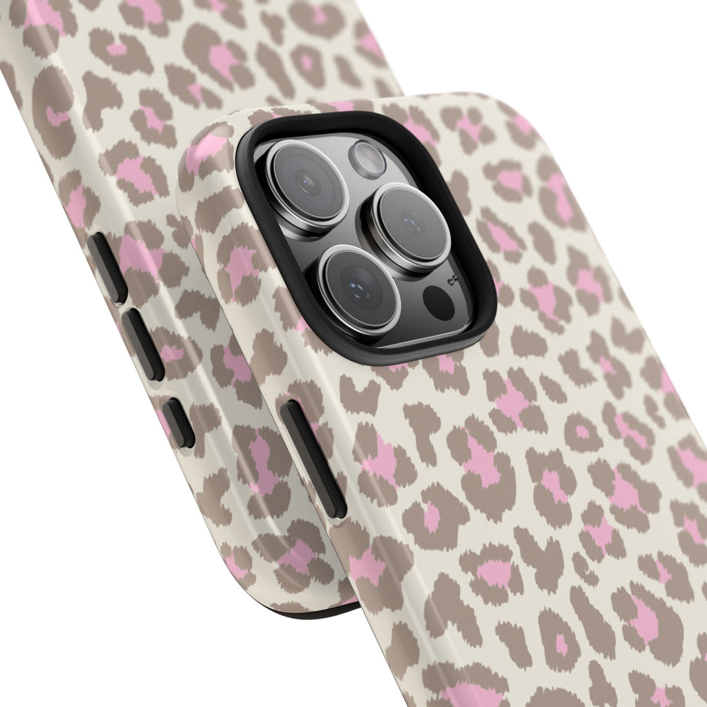 Beige and pink leopard print phone case with side grip cutouts and raised camera cover