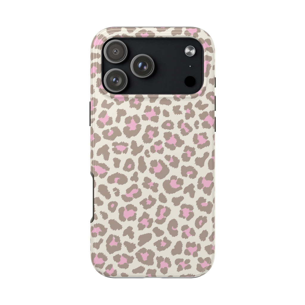Beige and pink leopard print phone case, black camera module area, back view