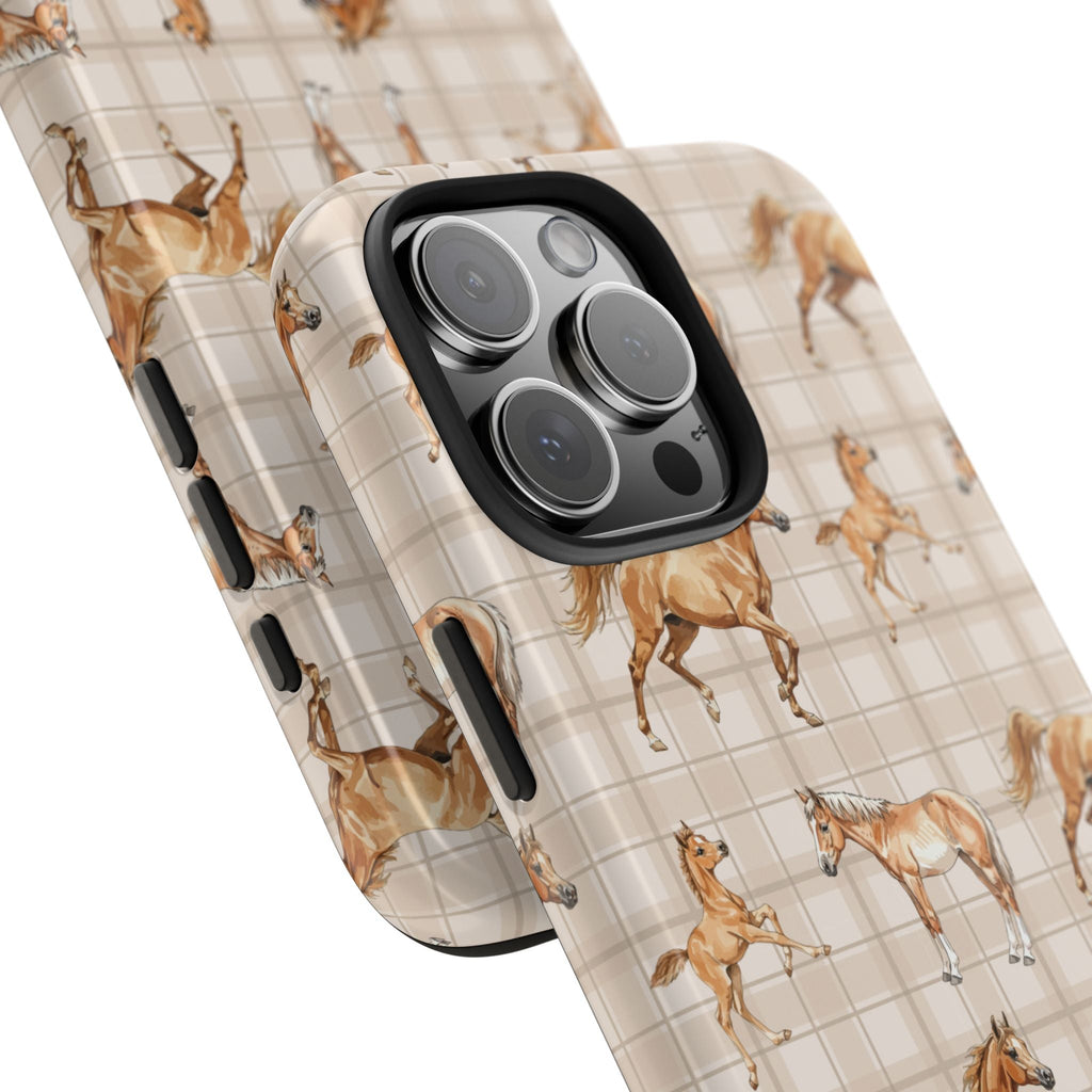 Beige horse-and-plaid phone case corner view with camera lens opening