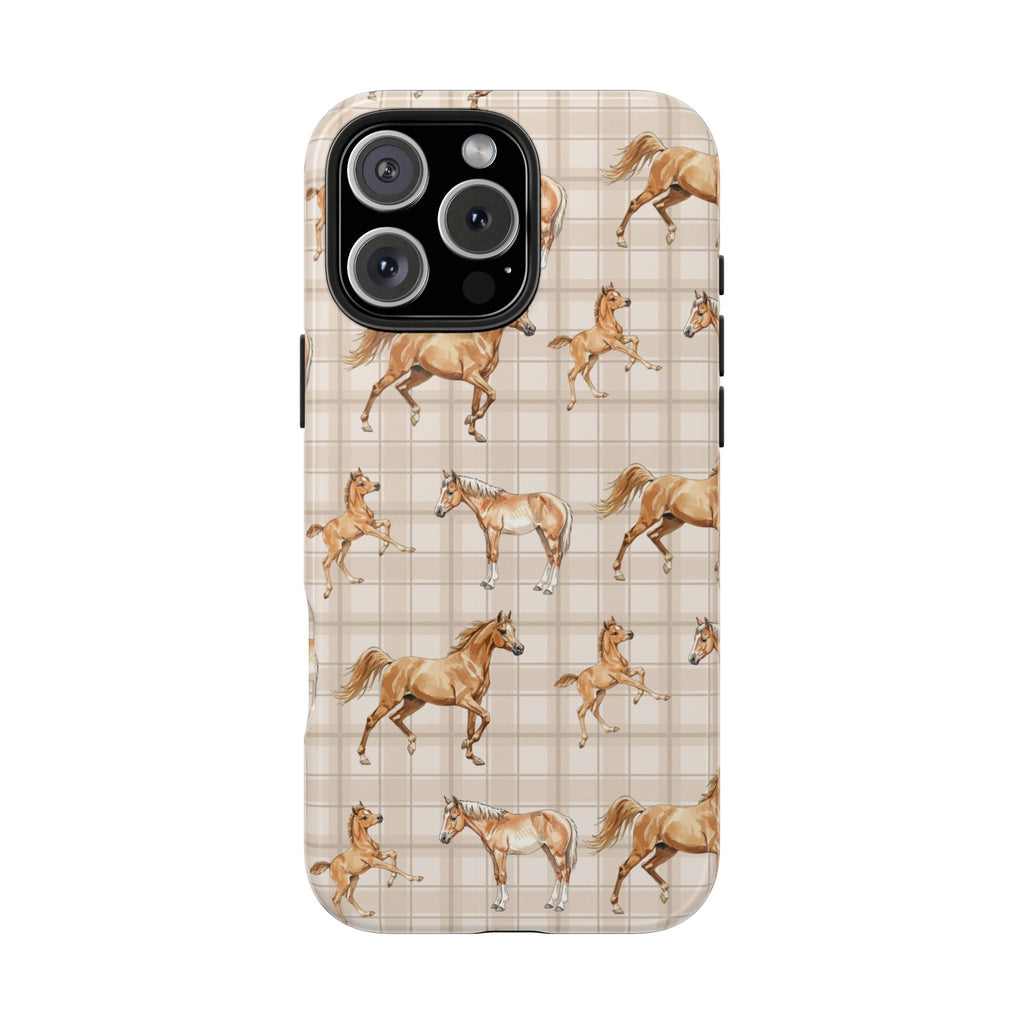 Beige plaid horse print phone case with camera cutout and raised rim