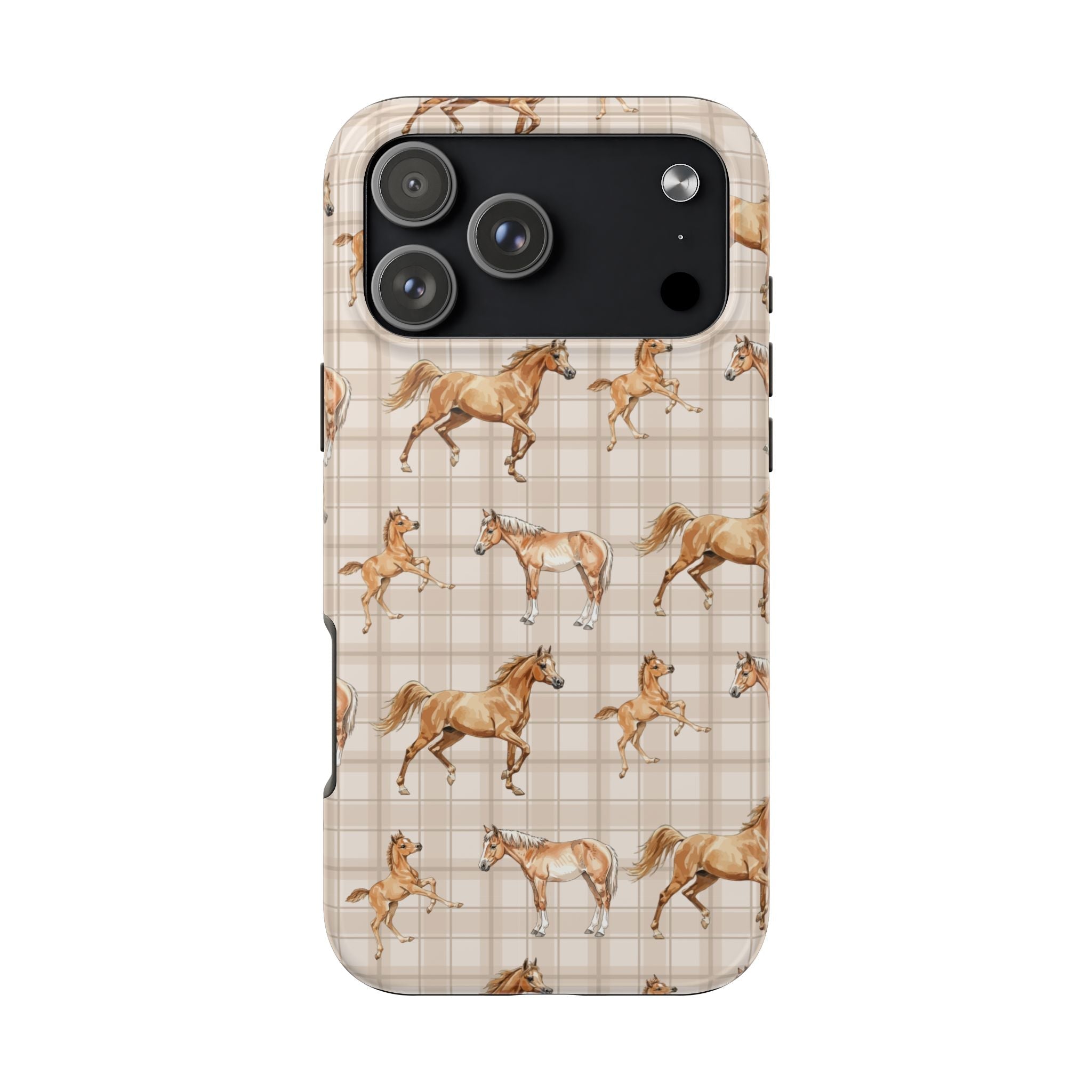 Beige plaid phone case with tan horse pattern, camera and flash cutouts