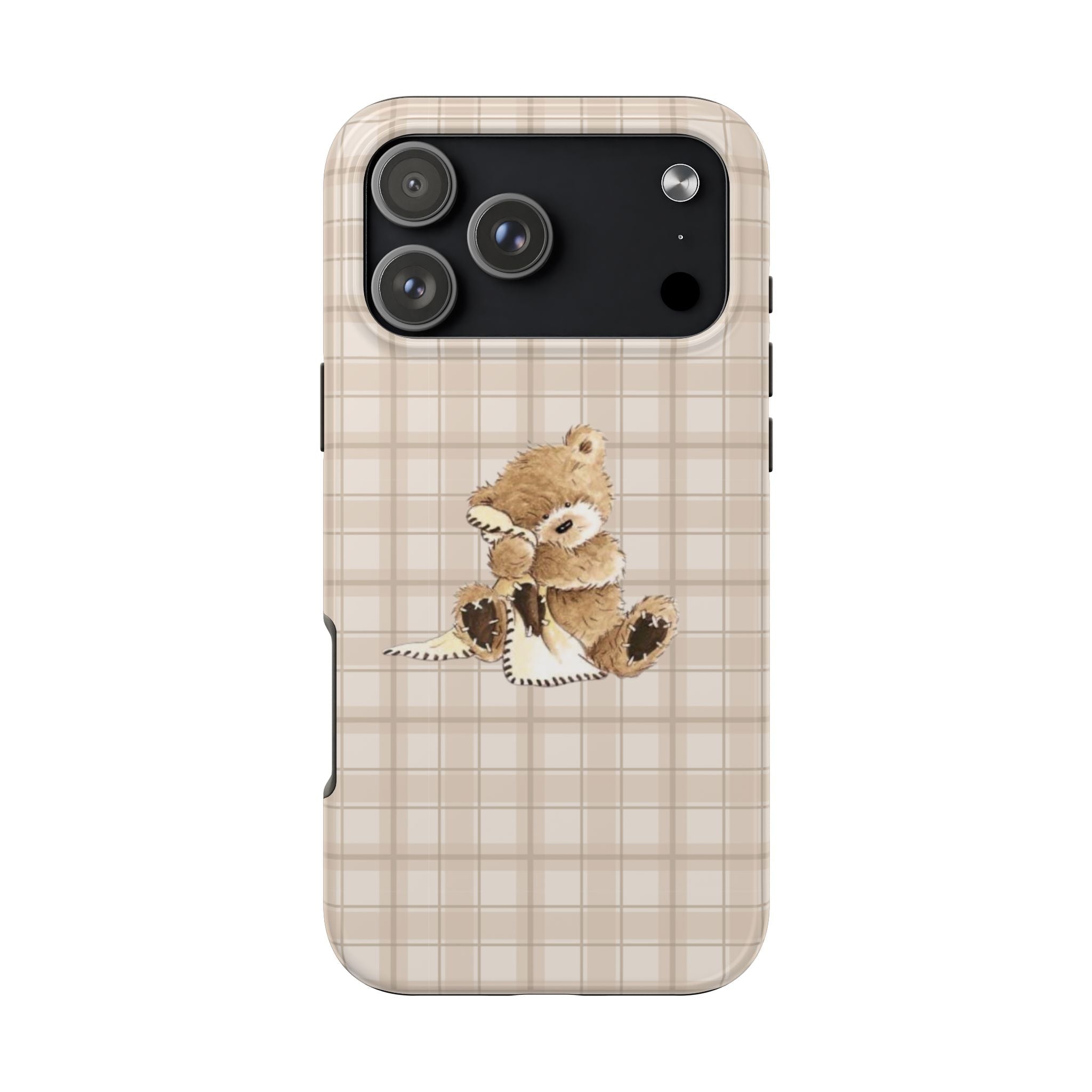 Beige plaid phone case featuring small teddy bear near center, with camera cutout