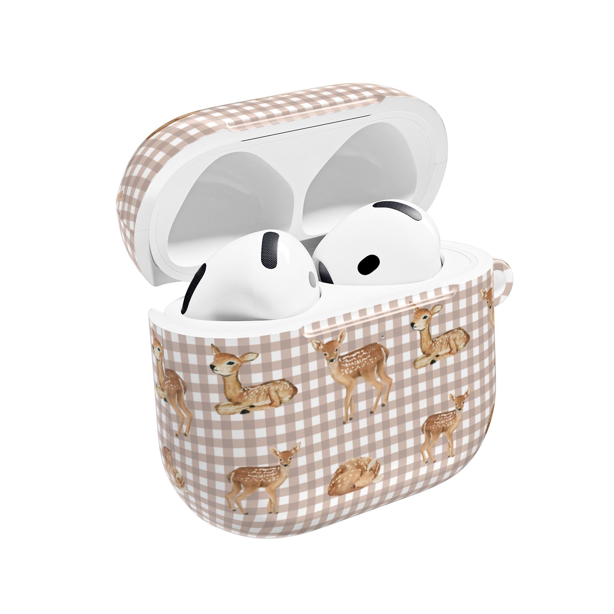 Beige plaid deer AirPods case with lid open, showing white earbuds inside.