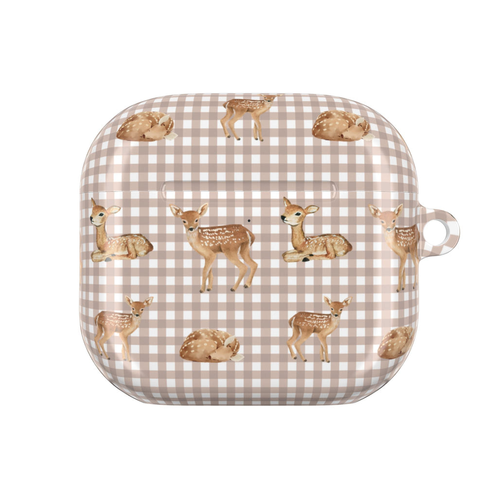 Beige plaid deer AirPods case front view with small side loop closure.