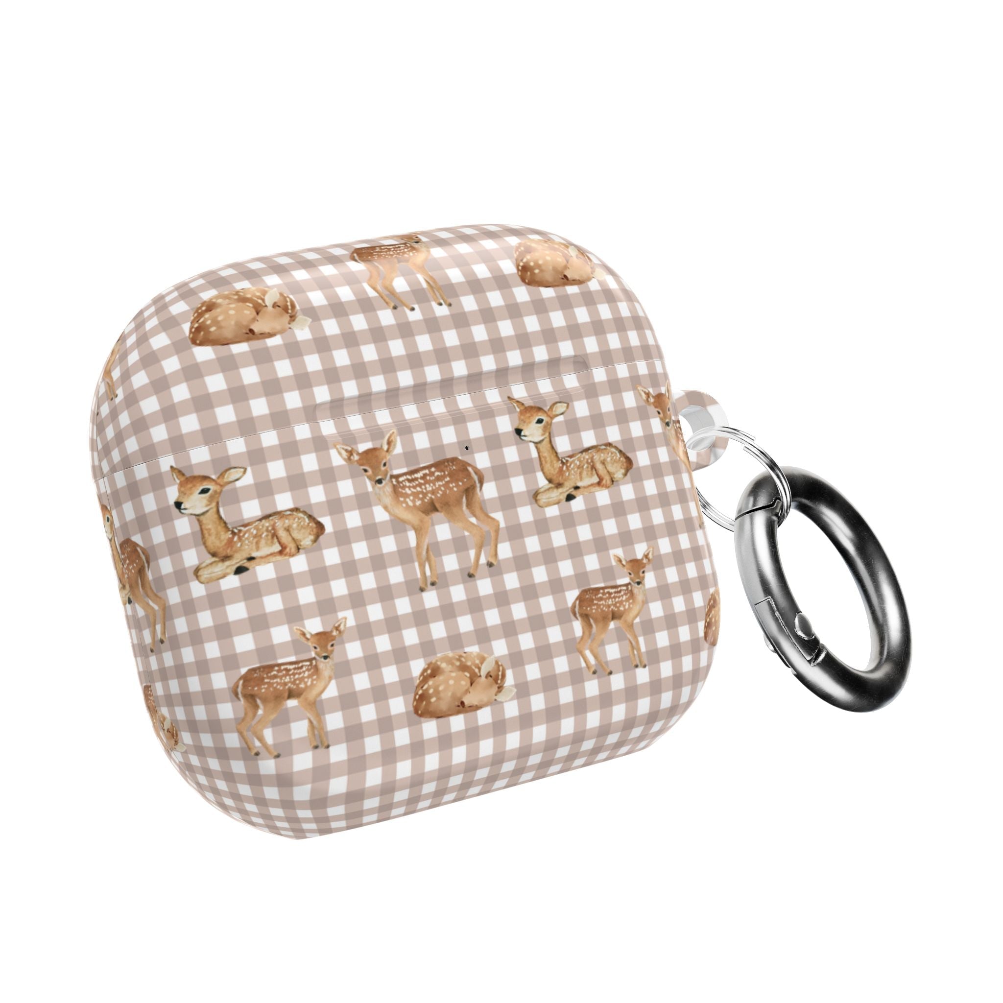 Beige gingham deer AirPods case with metal keyring loop on the side.