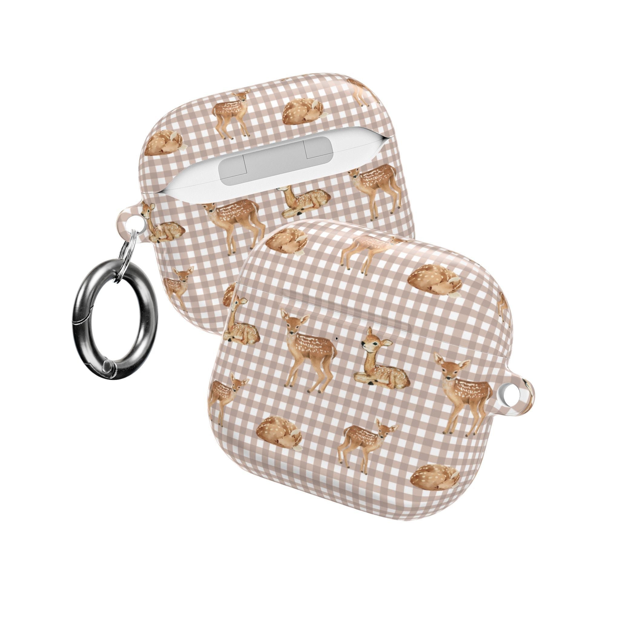 Beige plaid deer AirPods case with attached keyring and small front clasp.