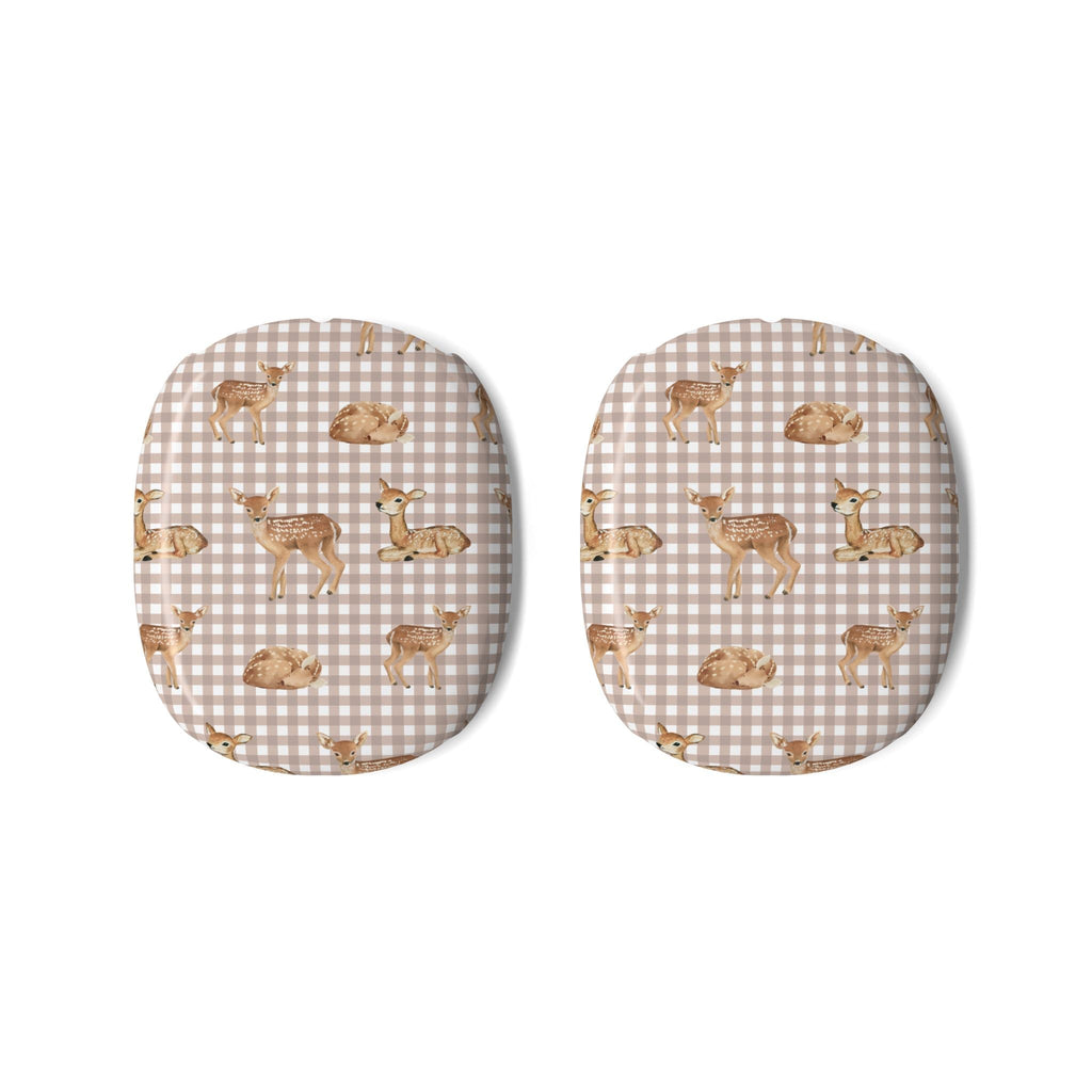 Pair of beige gingham ear cup covers with deer and woodland animal pattern