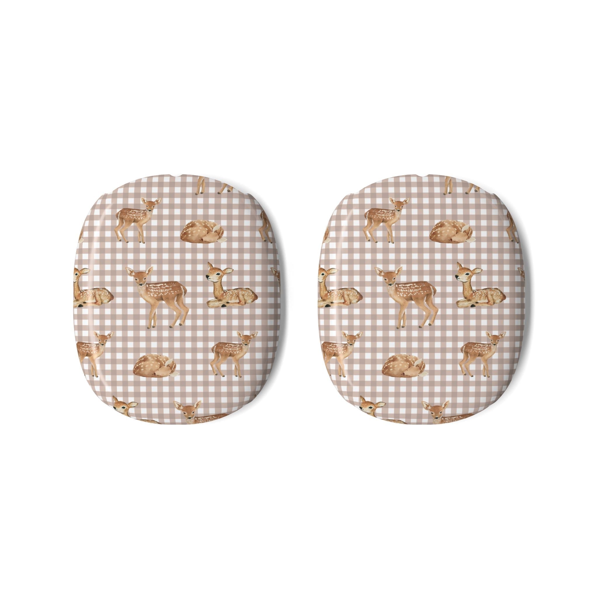 Pair of beige gingham ear cup covers with deer and woodland animal pattern