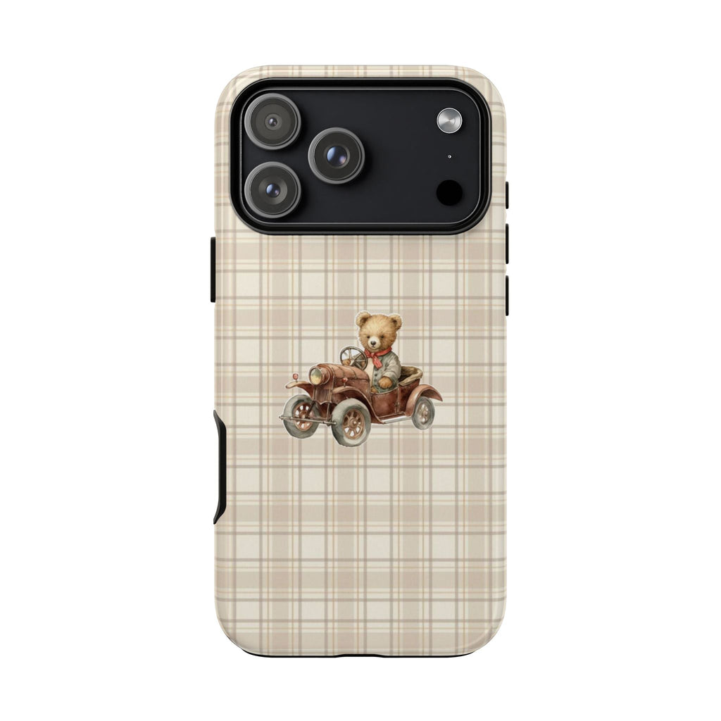 Beige plaid phone case with teddy bear on vintage motorcycle, raised camera cutouts