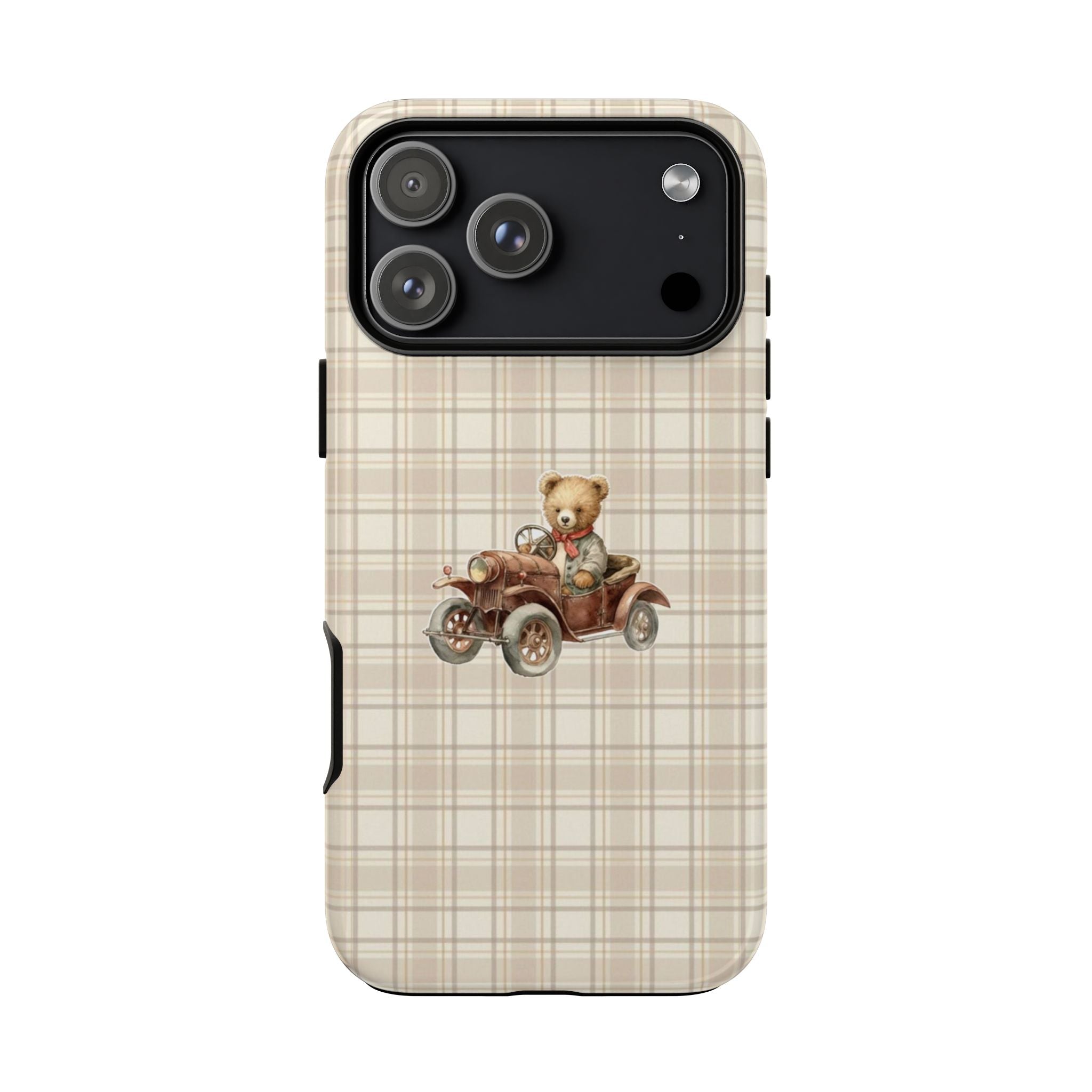 Beige plaid phone case with teddy bear on vintage motorcycle, raised camera cutouts