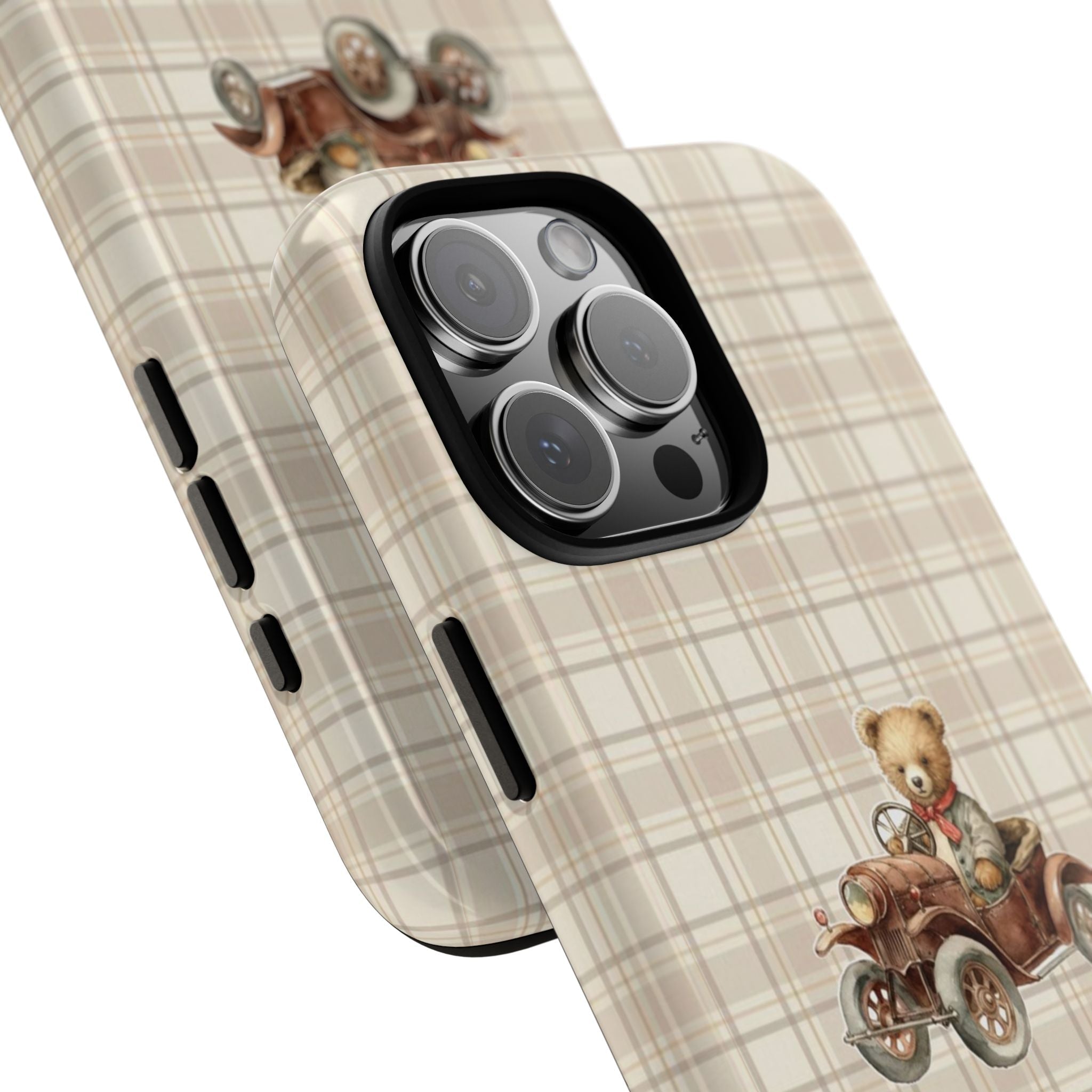 Beige plaid phone case with teddy bear on motorcycle; side button and camera openings