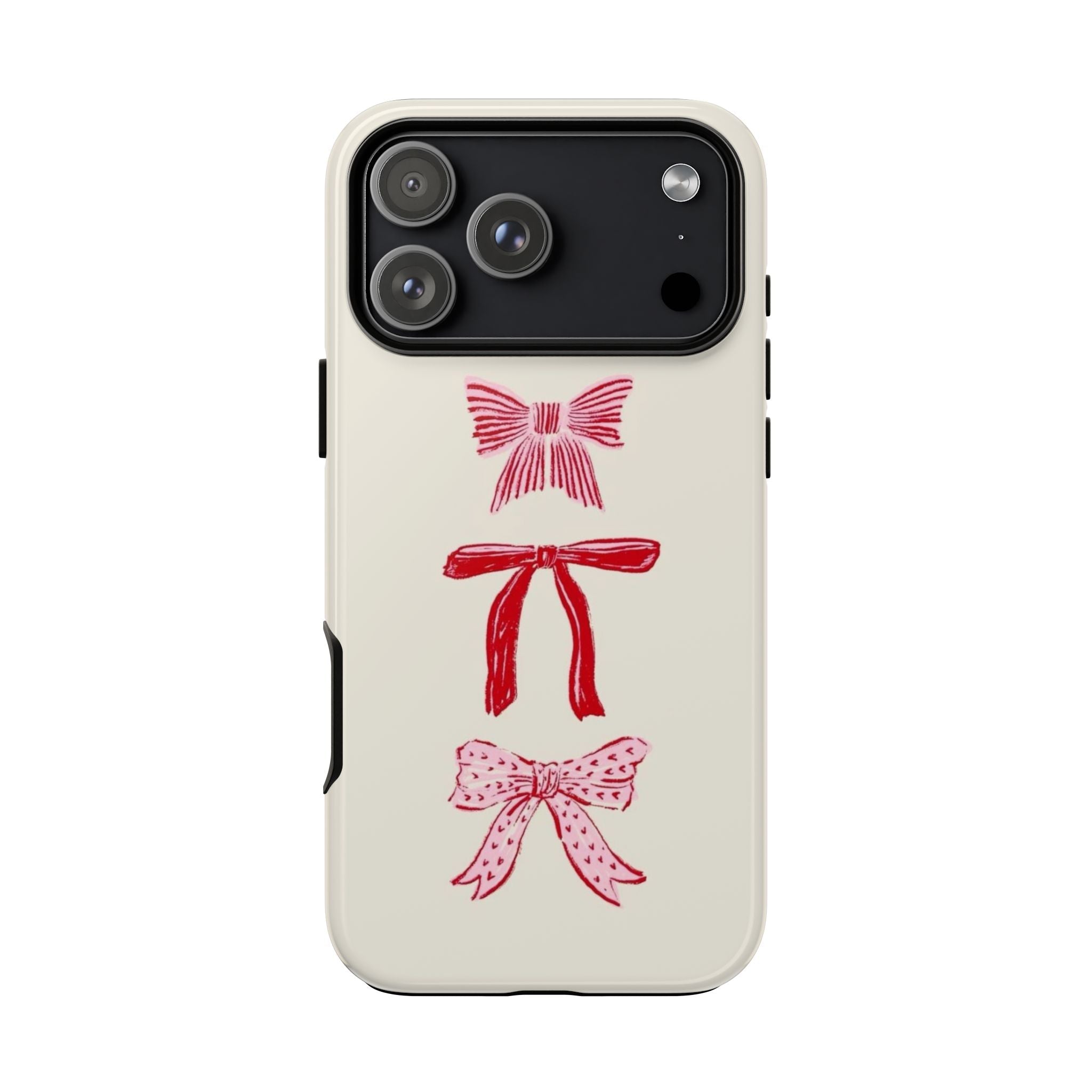 Cream phone case with red ribbon bows, showing camera area and cutouts