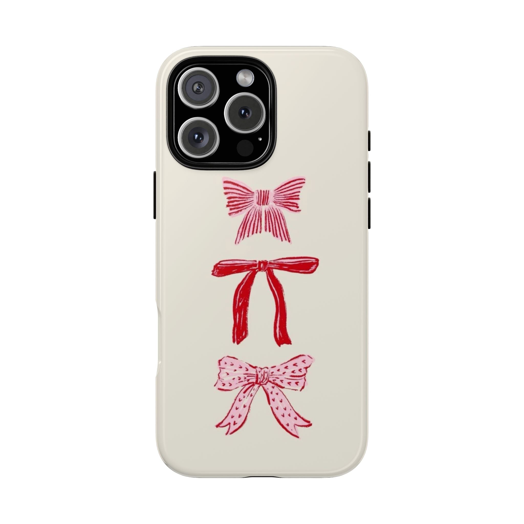 Beige phone case with three red ribbon bow accents and camera cutouts