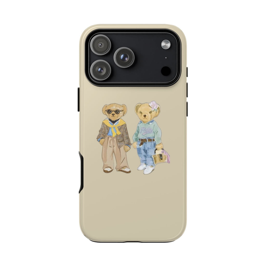 Beige phone case with teddy bear friends graphic, side buttons visible