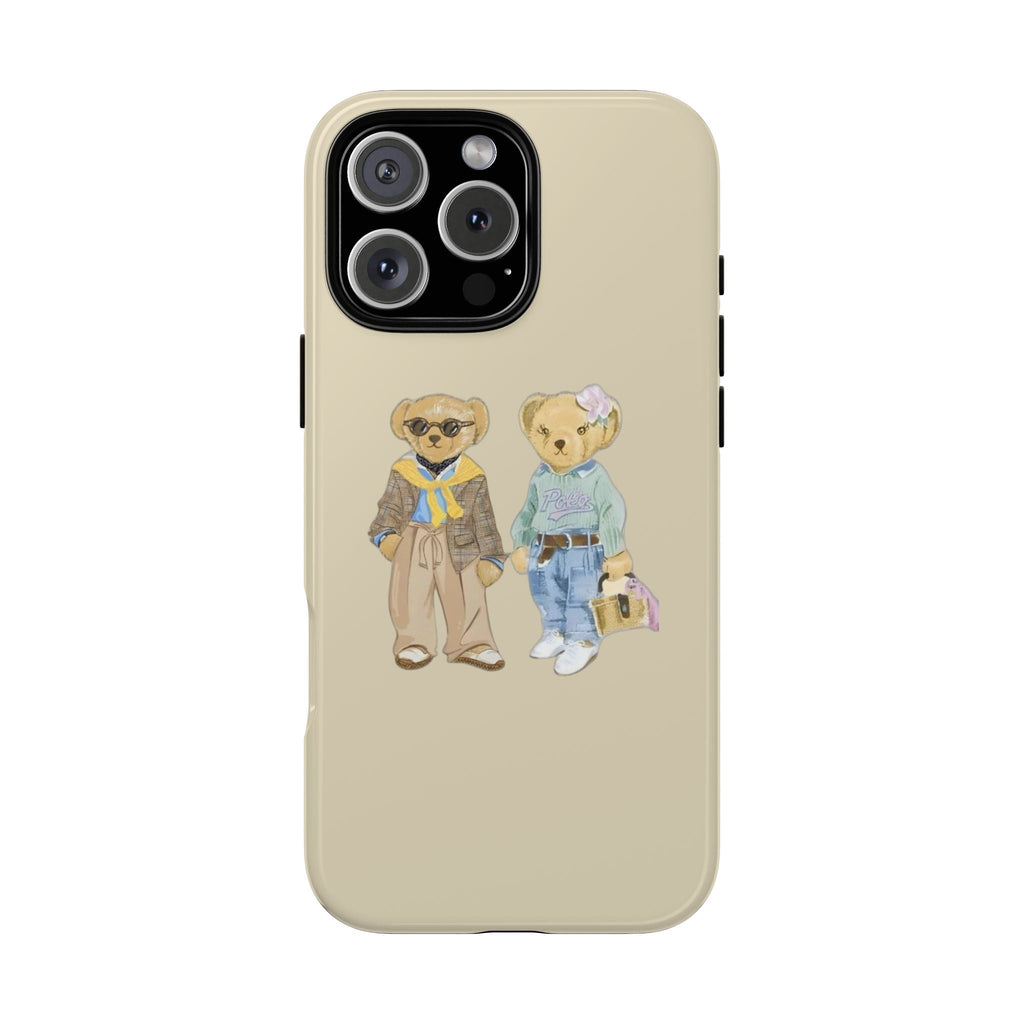 Beige phone case with two teddy bear friends outfits, camera cutout