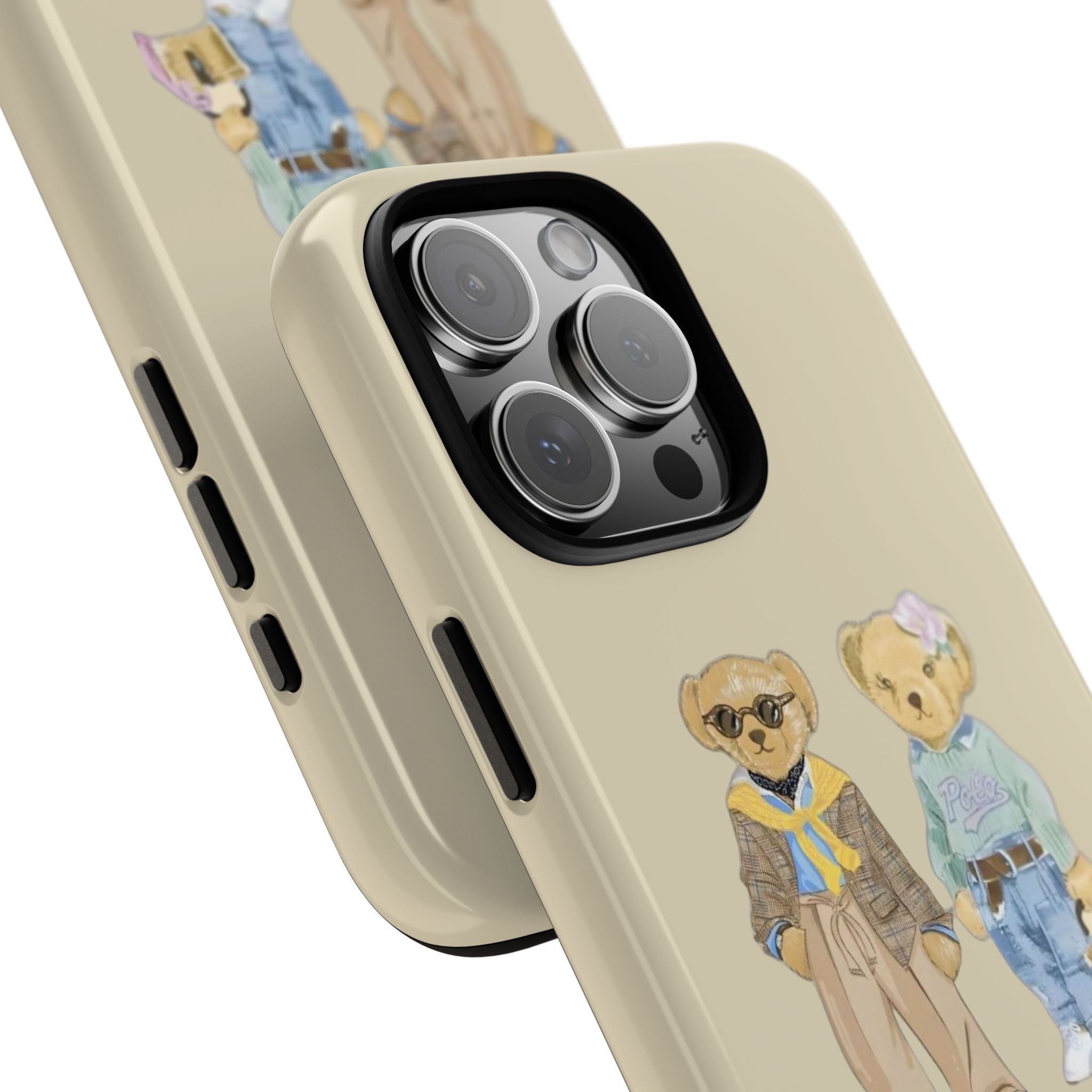 Angled beige phone case with teddy bear friends and triple-lens camera cutout
