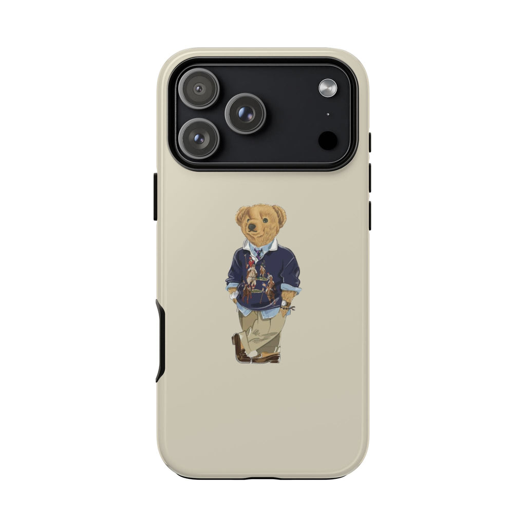Beige phone case with teddy bear graphic and camera cutout on back