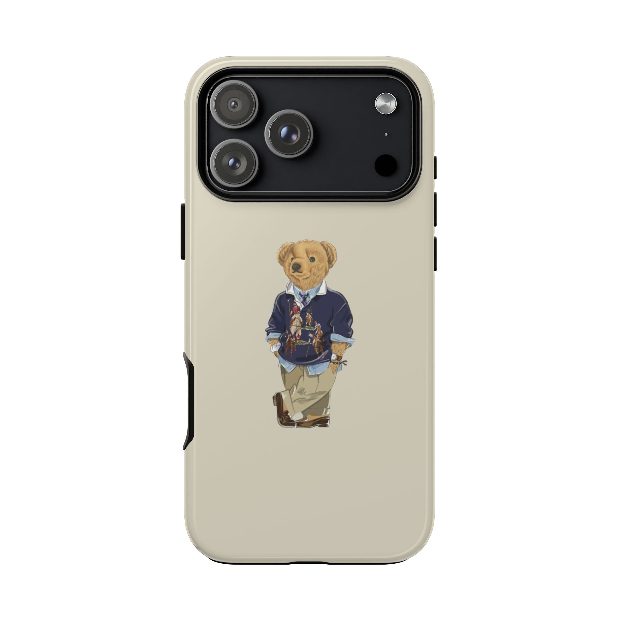 Beige phone case with teddy bear graphic and camera cutout on back