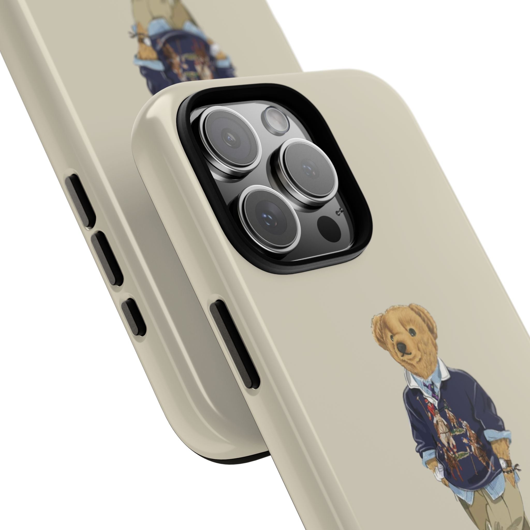 Beige phone case from angle showing side cutouts and teddy bear graphic