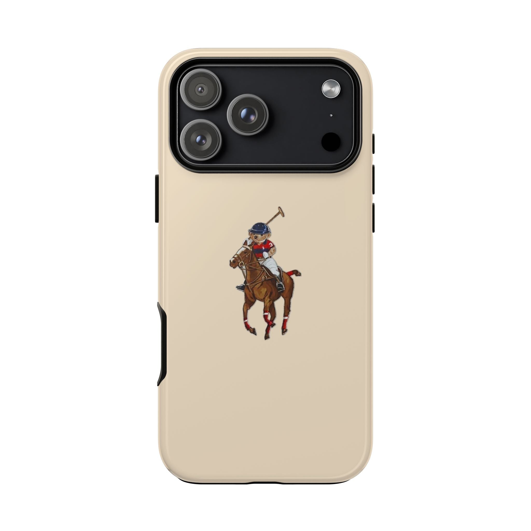 Beige phone case with polo rider on horse graphic and camera lens openings