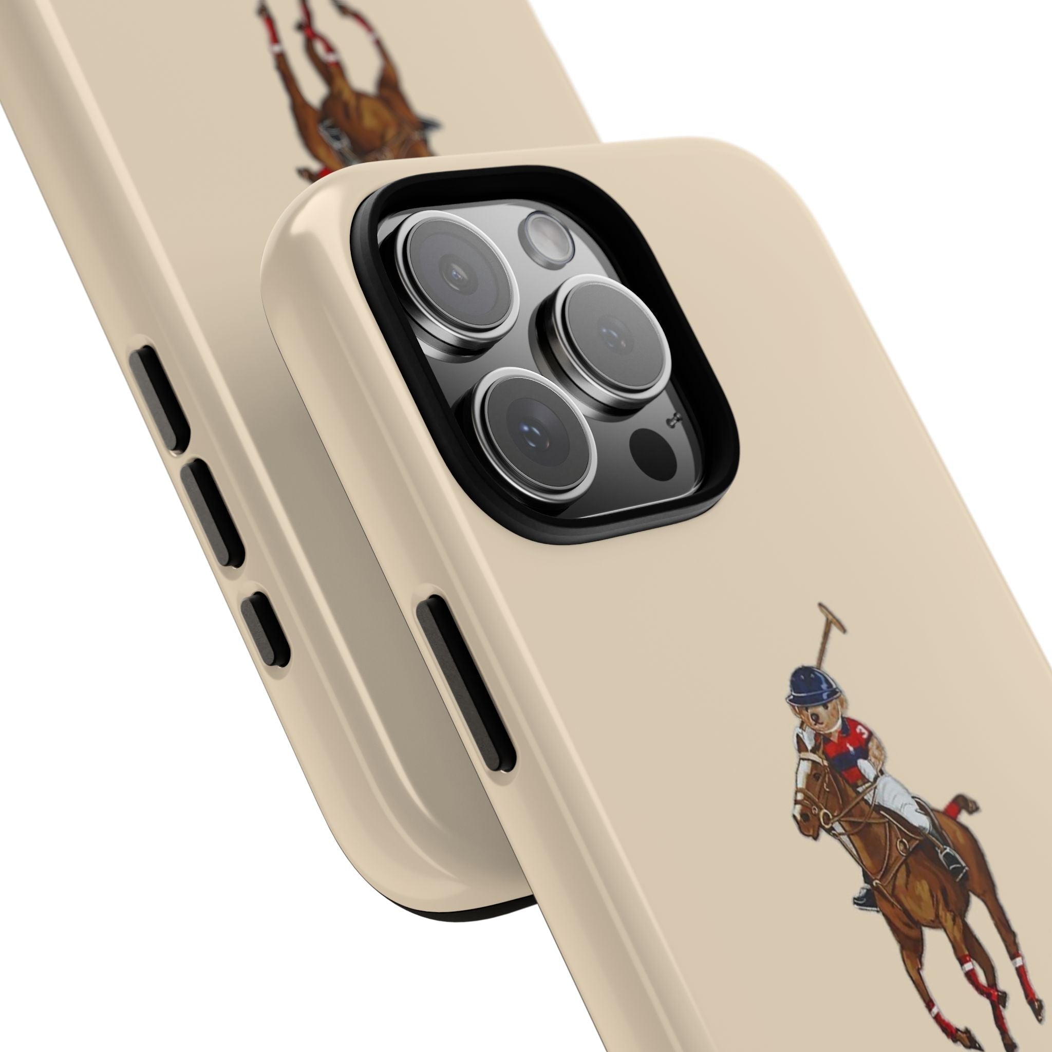 Beige phone case showing polo rider horse design near triple-camera cutout
