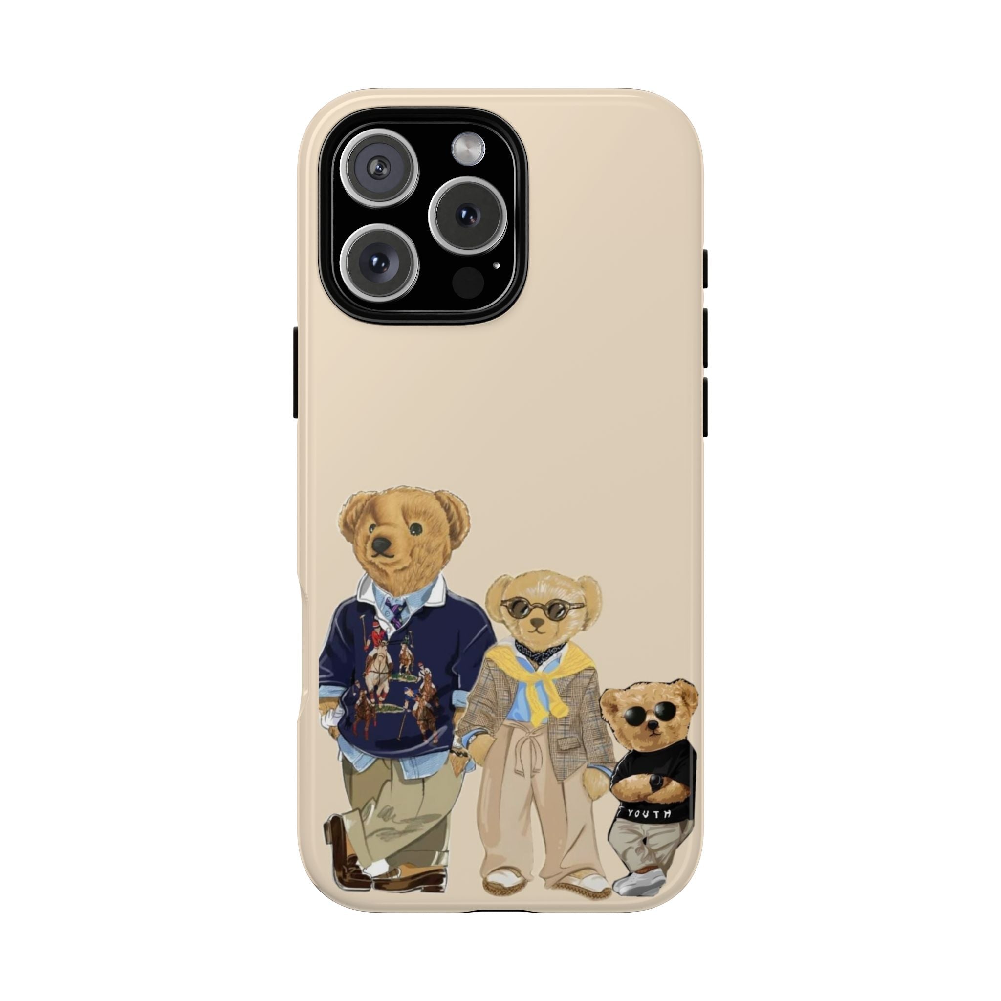 Beige phone case with teddy bear family illustration and cutouts for camera and flash
