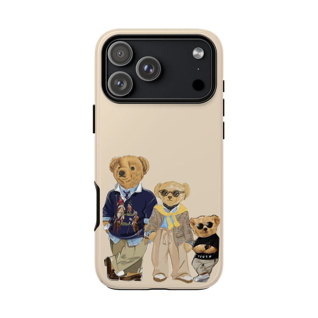 Beige teddy bear phone case, back view with camera guard and matching side openings