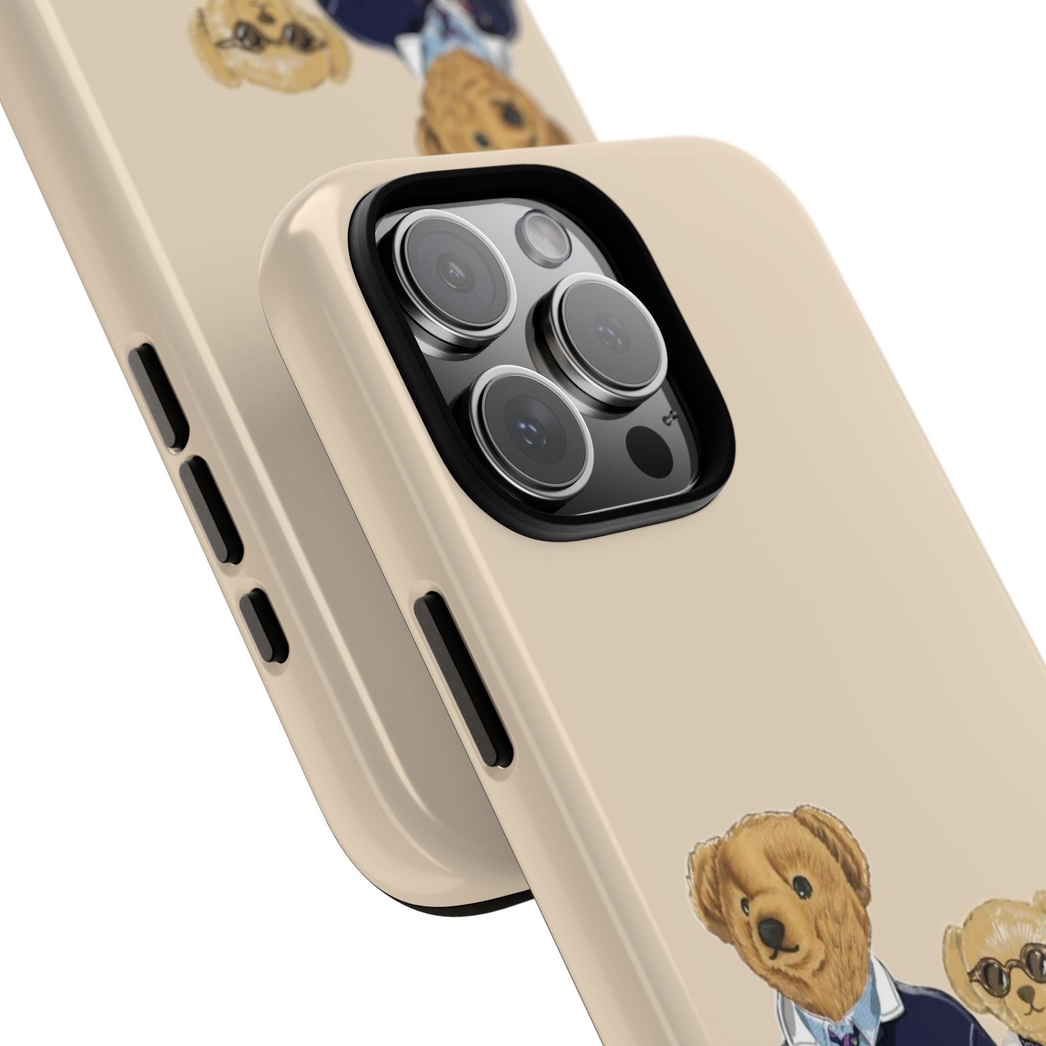 Beige case close-up: camera cutout and side buttons with teddy bear character artwork