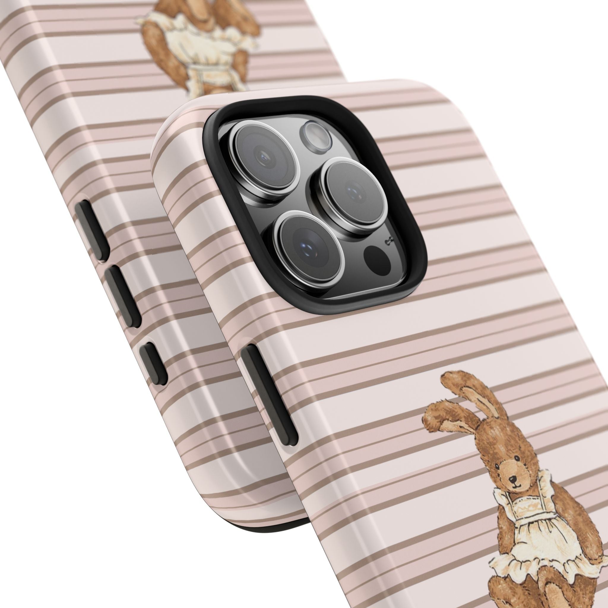 Angled close-up of beige striped phone case with bunny art and lens cutout
