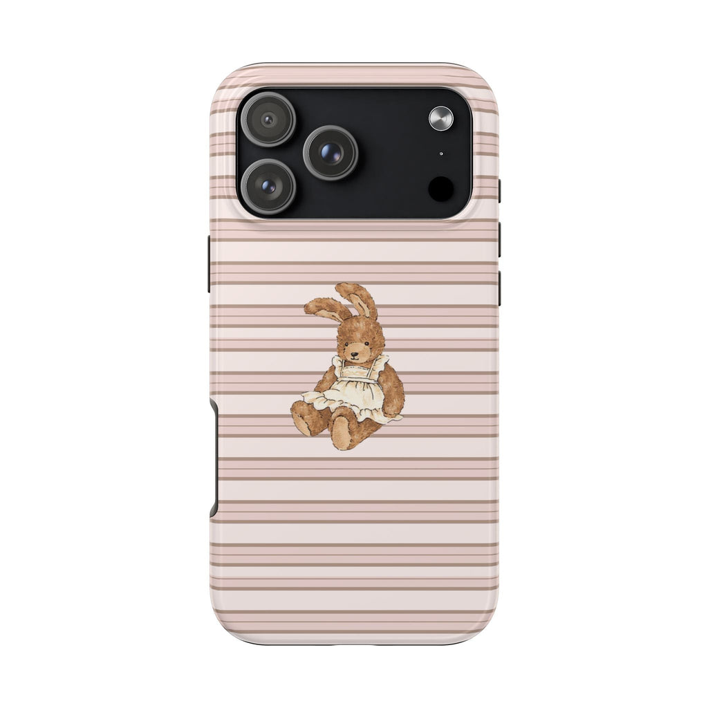 Beige and pink striped phone case with bunny graphic; camera cutouts visible