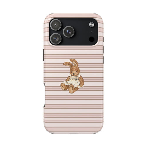 Beige and pink striped phone case with bunny graphic; camera cutouts visible