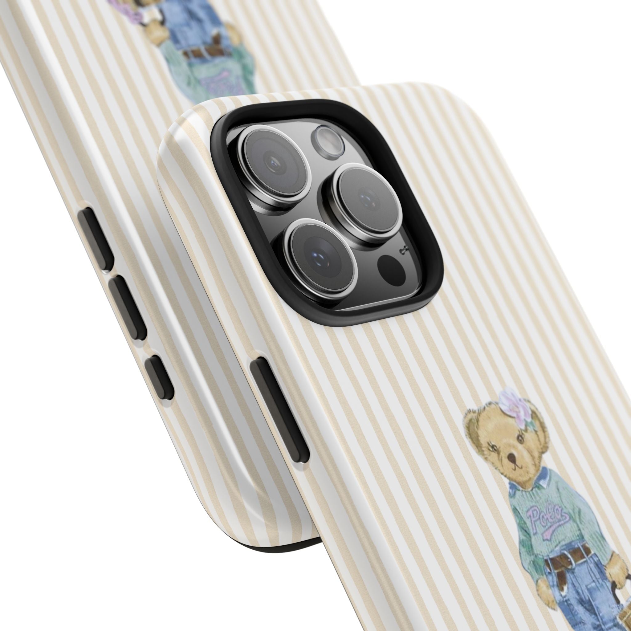 Beige striped phone case in angled view; teddy bear overalls on side, camera lens cutout