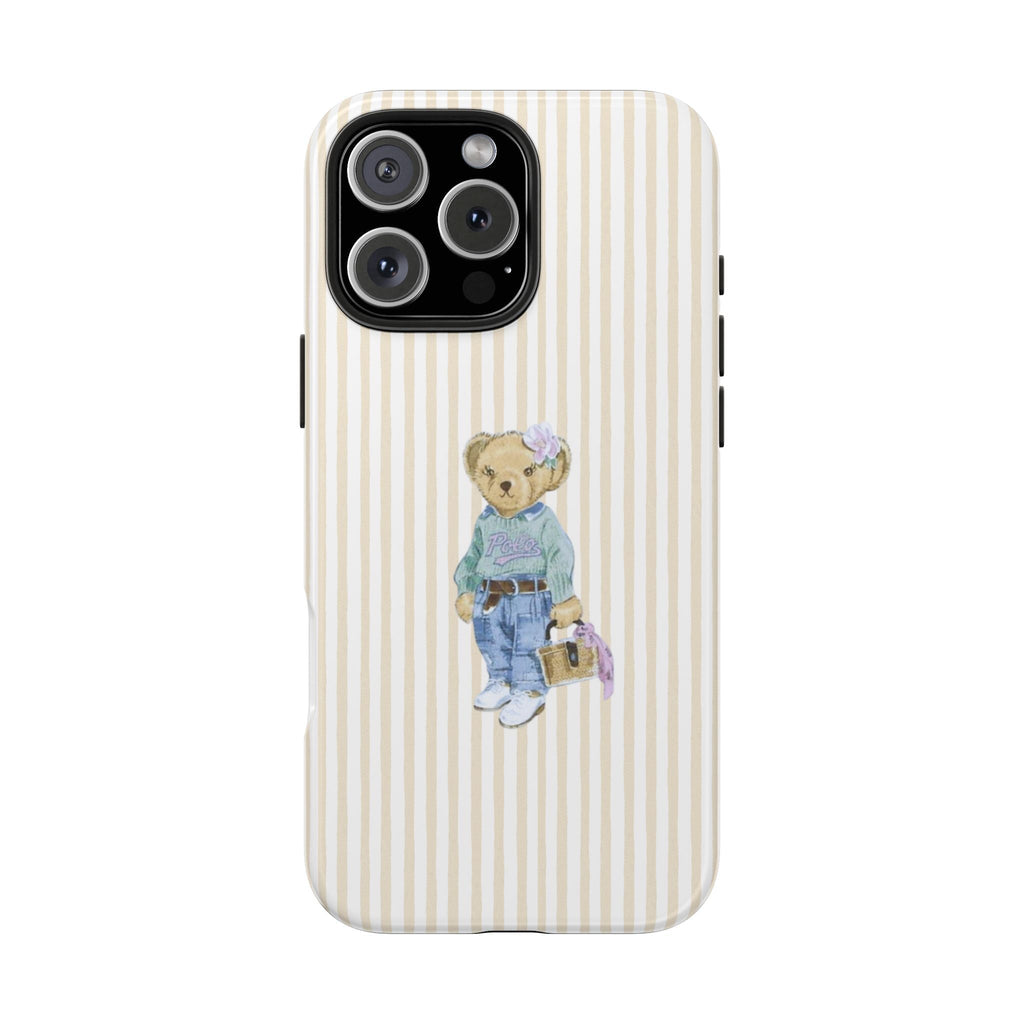 Beige striped phone case with teddy bear overalls graphic; raised camera module cutout
