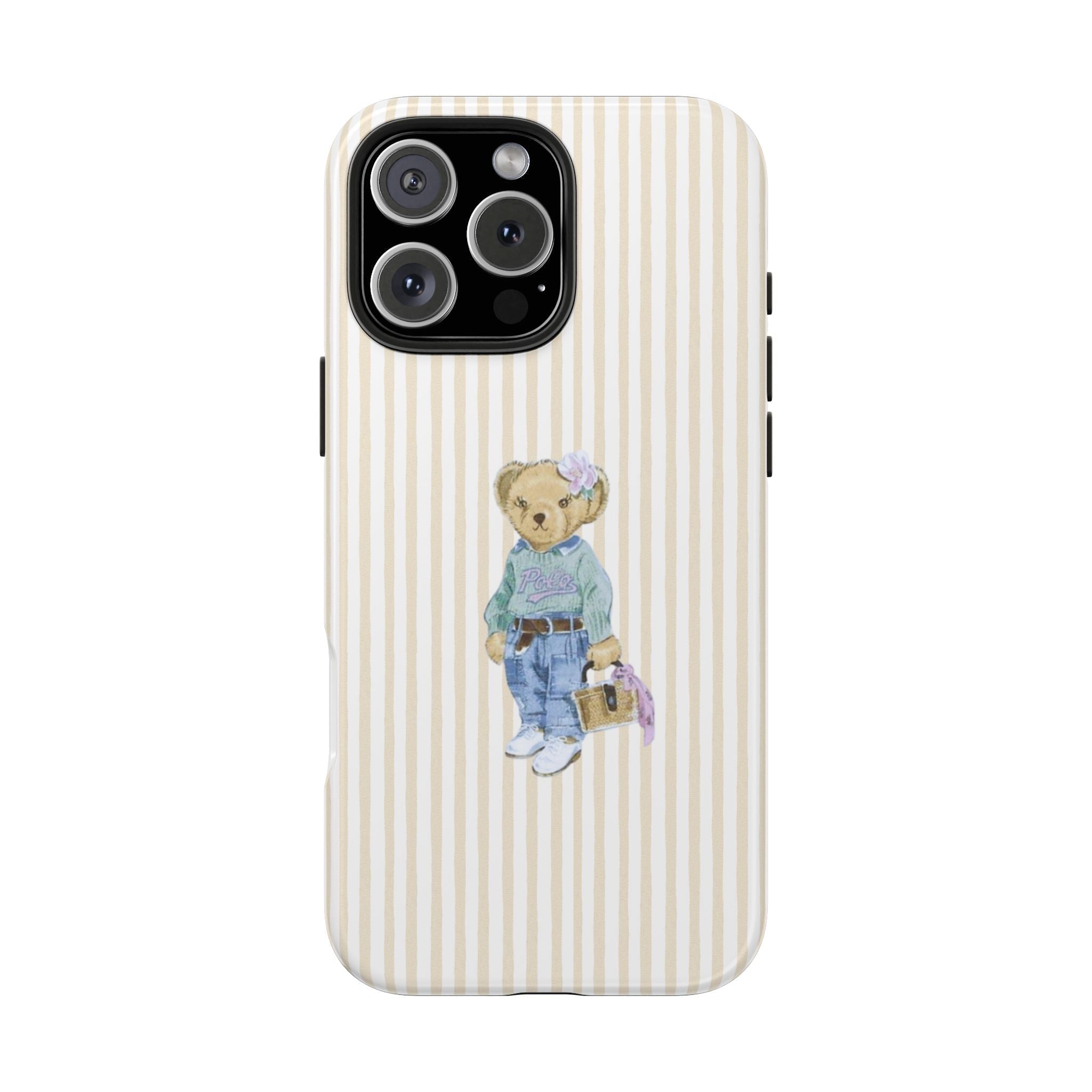 Beige striped phone case with teddy bear overalls graphic; raised camera module cutout