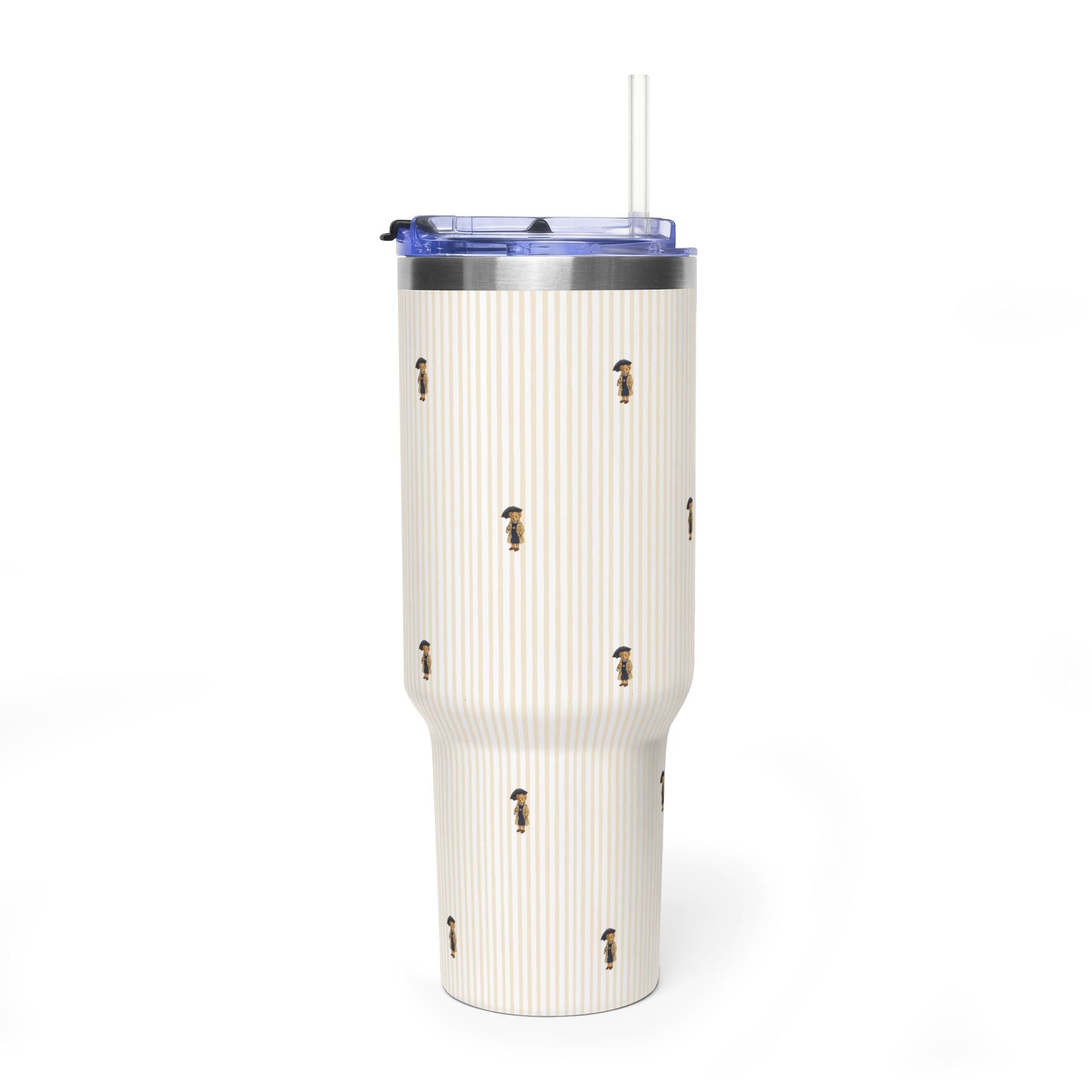 40oz stainless tumbler with straw, beige vertical striped pattern with teddy bear accents