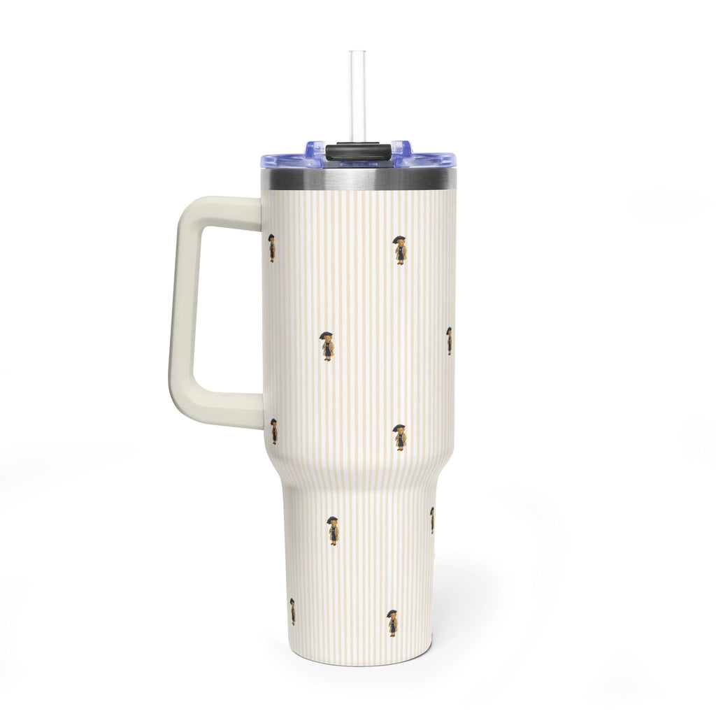 40oz stainless tumbler with handle, beige vertical stripes and scattered teddy bear figures