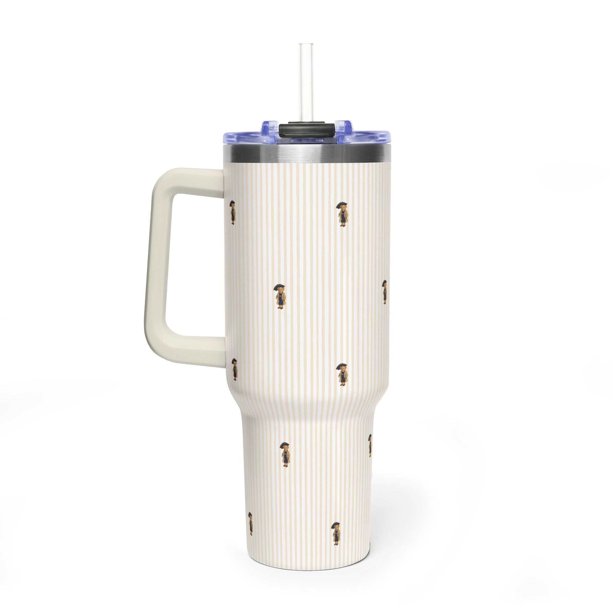 40oz stainless tumbler with handle, beige vertical stripes and scattered teddy bear figures