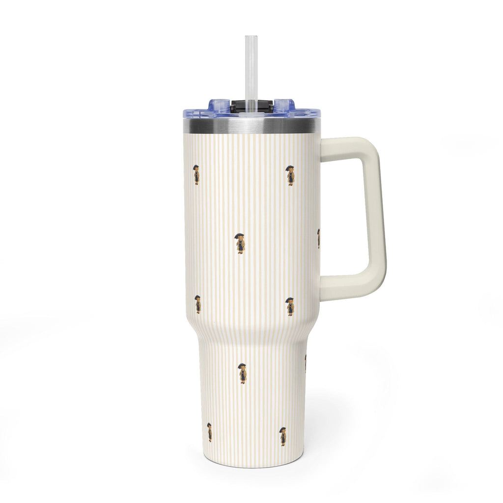 40oz stainless tumbler with straw, beige vertical stripes and small teddy bear prints