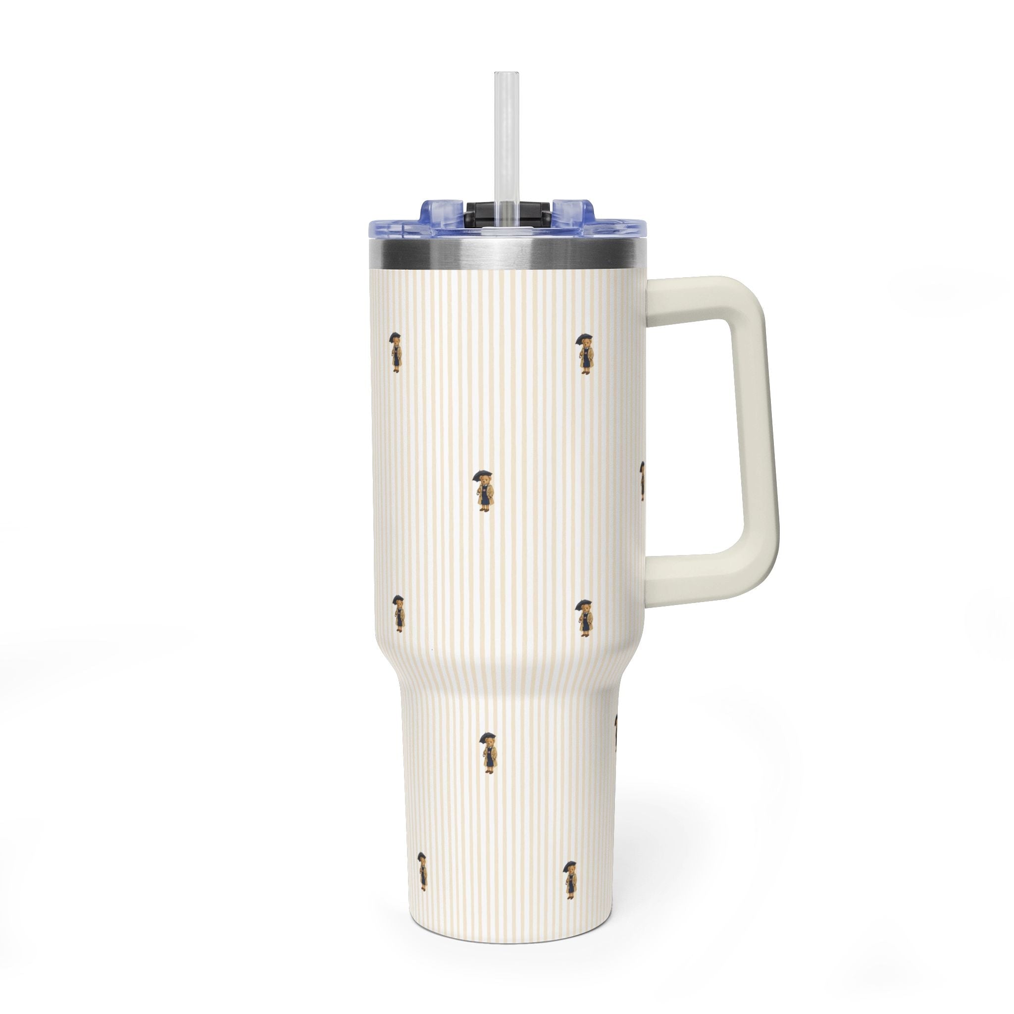 40oz stainless tumbler with straw, beige vertical stripes and small teddy bear prints