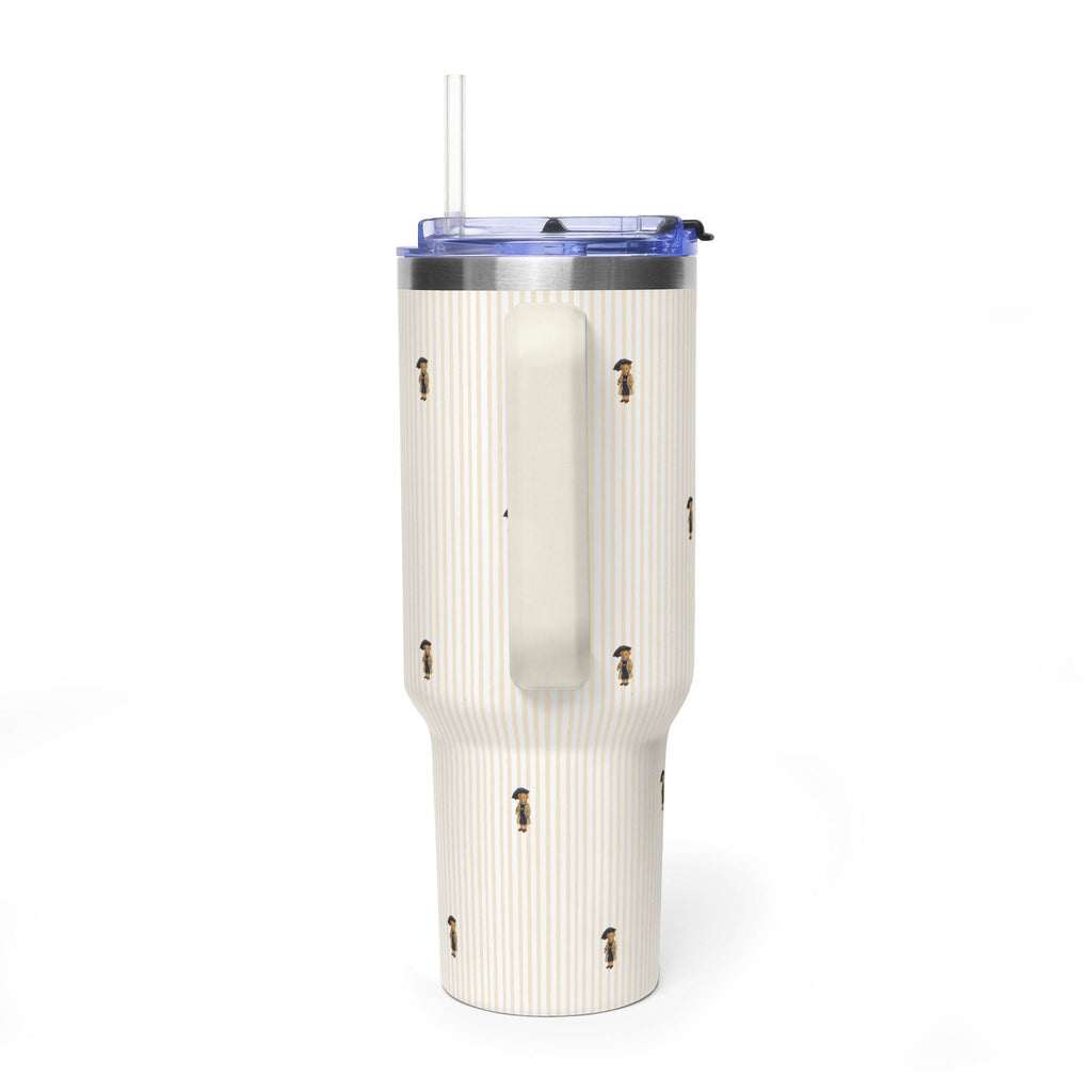40oz stainless tumbler with straw, beige stripes with teddy bear design and back cutout