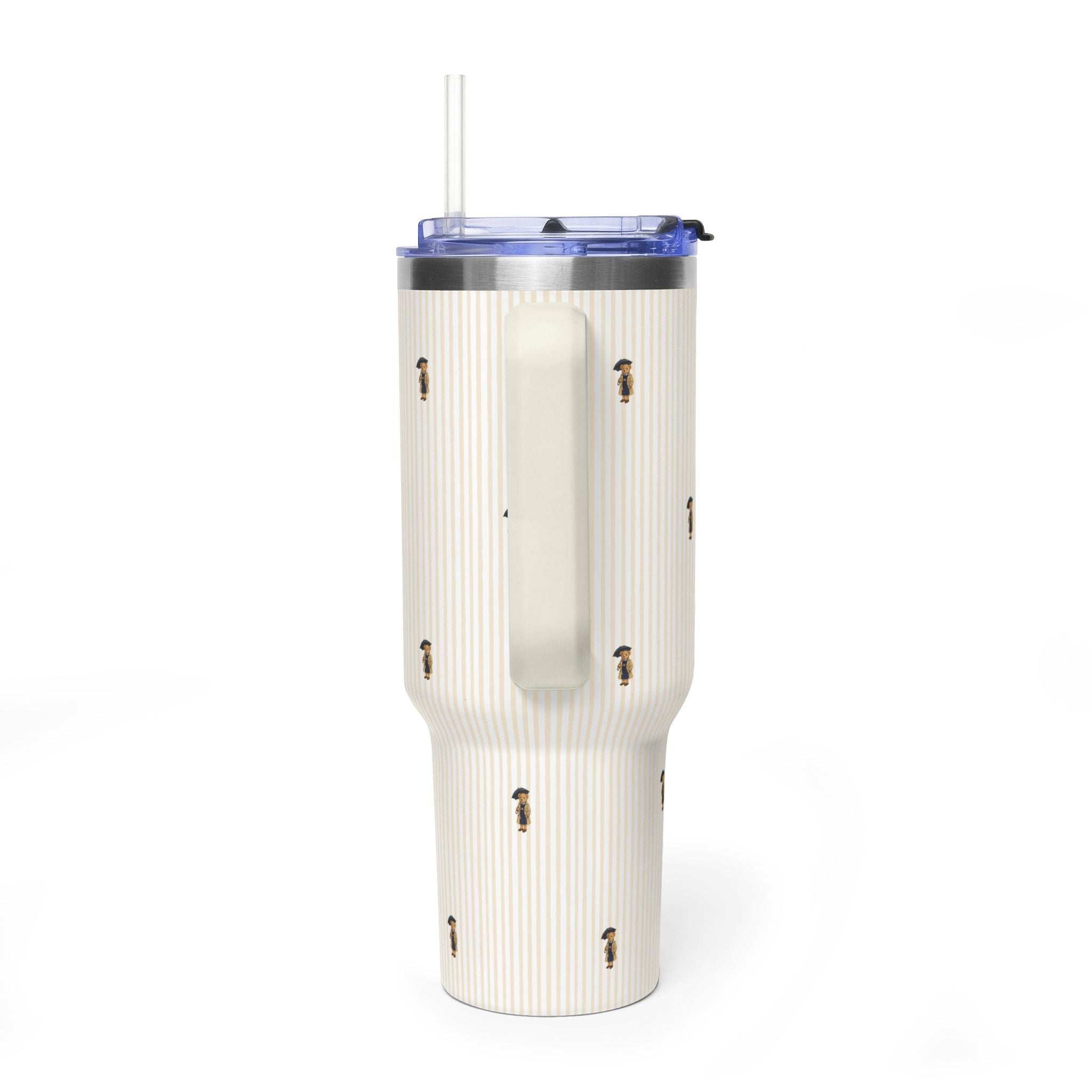 40oz stainless tumbler with straw, beige stripes with teddy bear design and back cutout