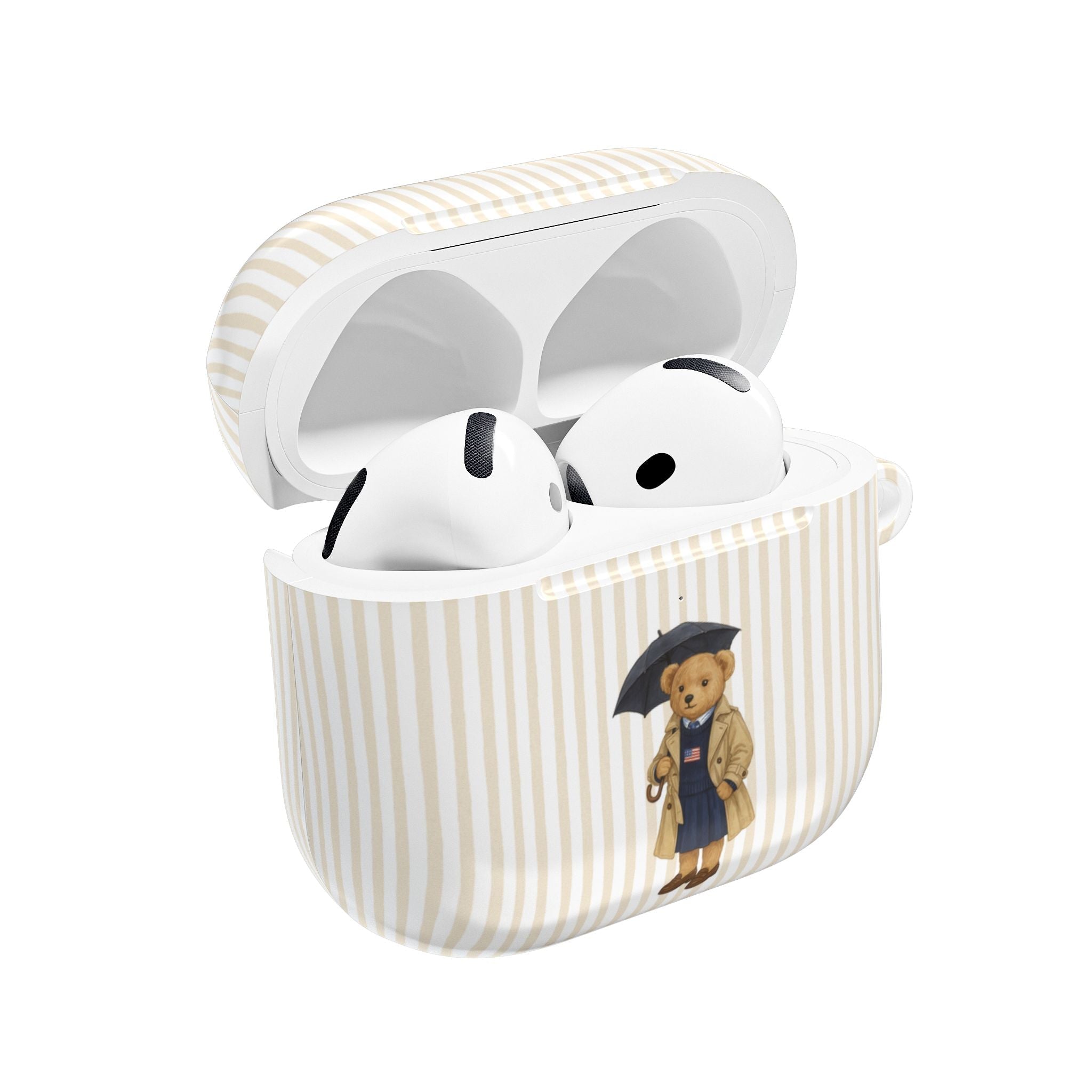 Beige striped AirPods case with teddy bear graduation graphic, open lid