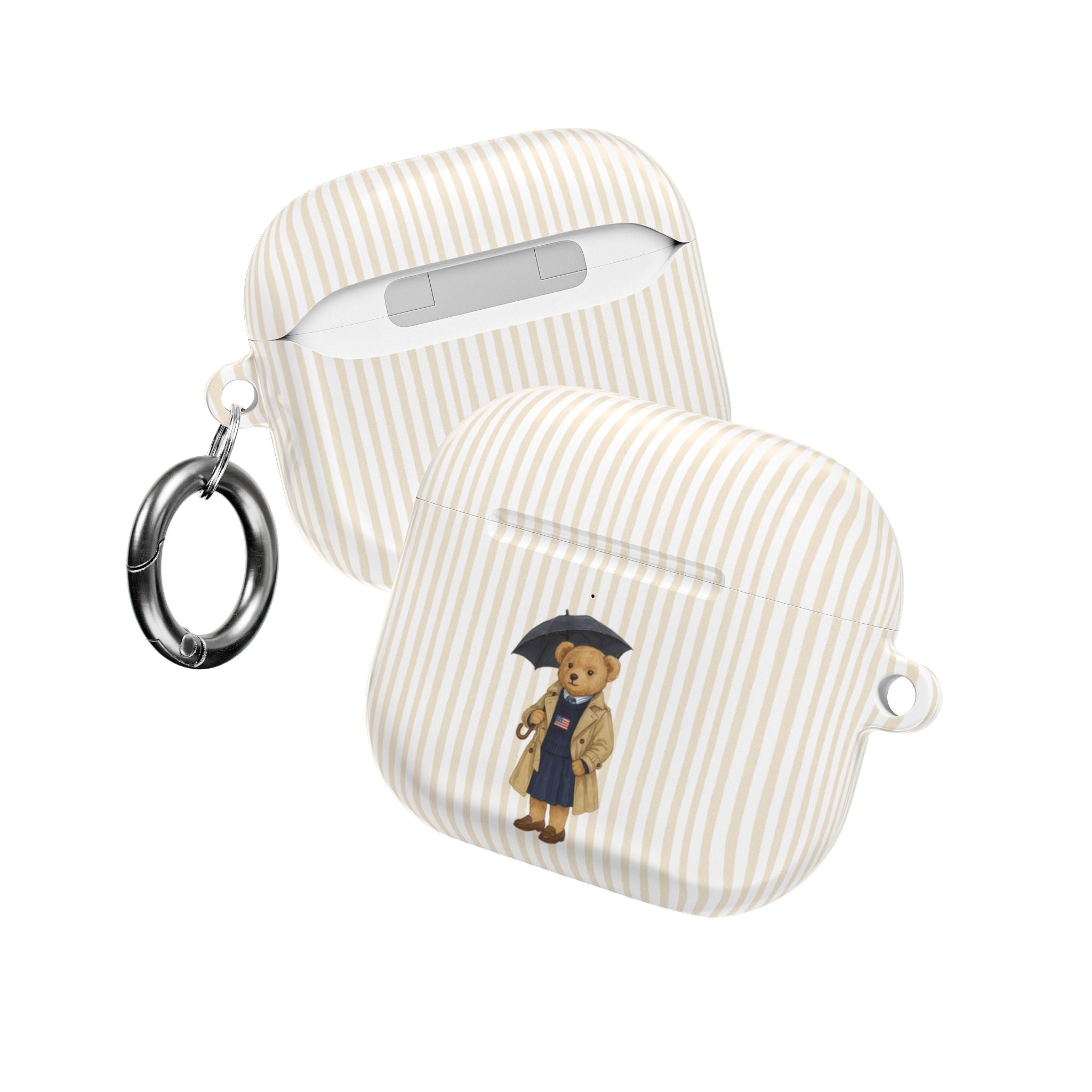 Beige striped AirPods case with teddy bear graduation graphic and keyring