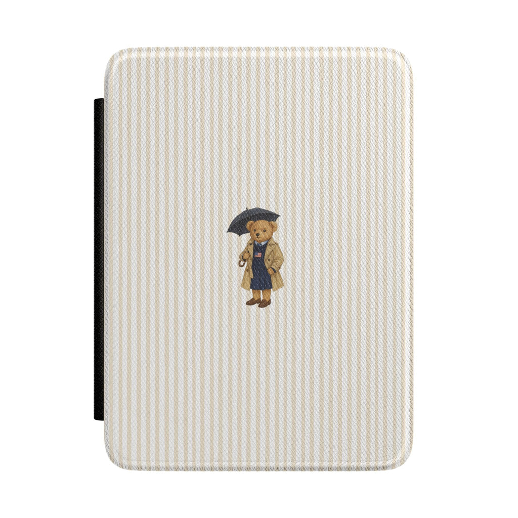Beige striped teddy bear Kindle hardcover case with small bear appliqué