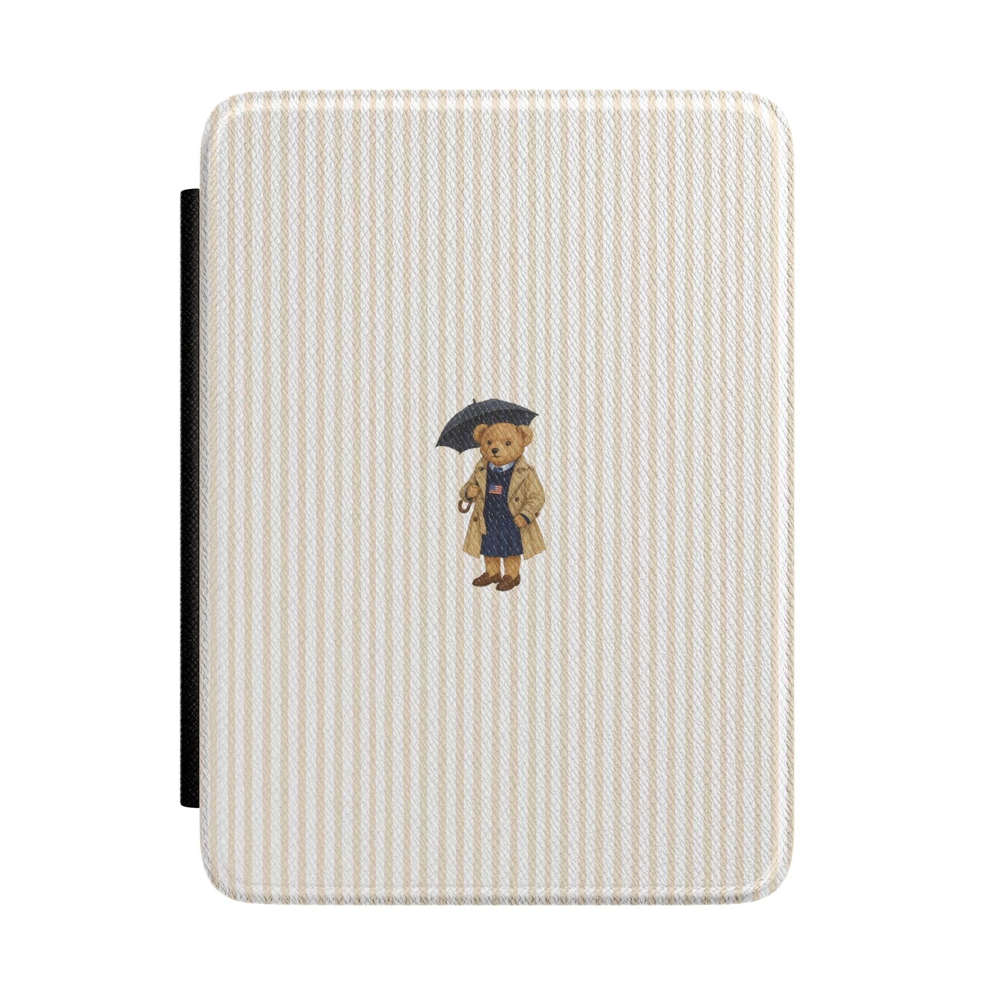 Beige striped teddy bear Kindle hardcover case with small bear appliqué