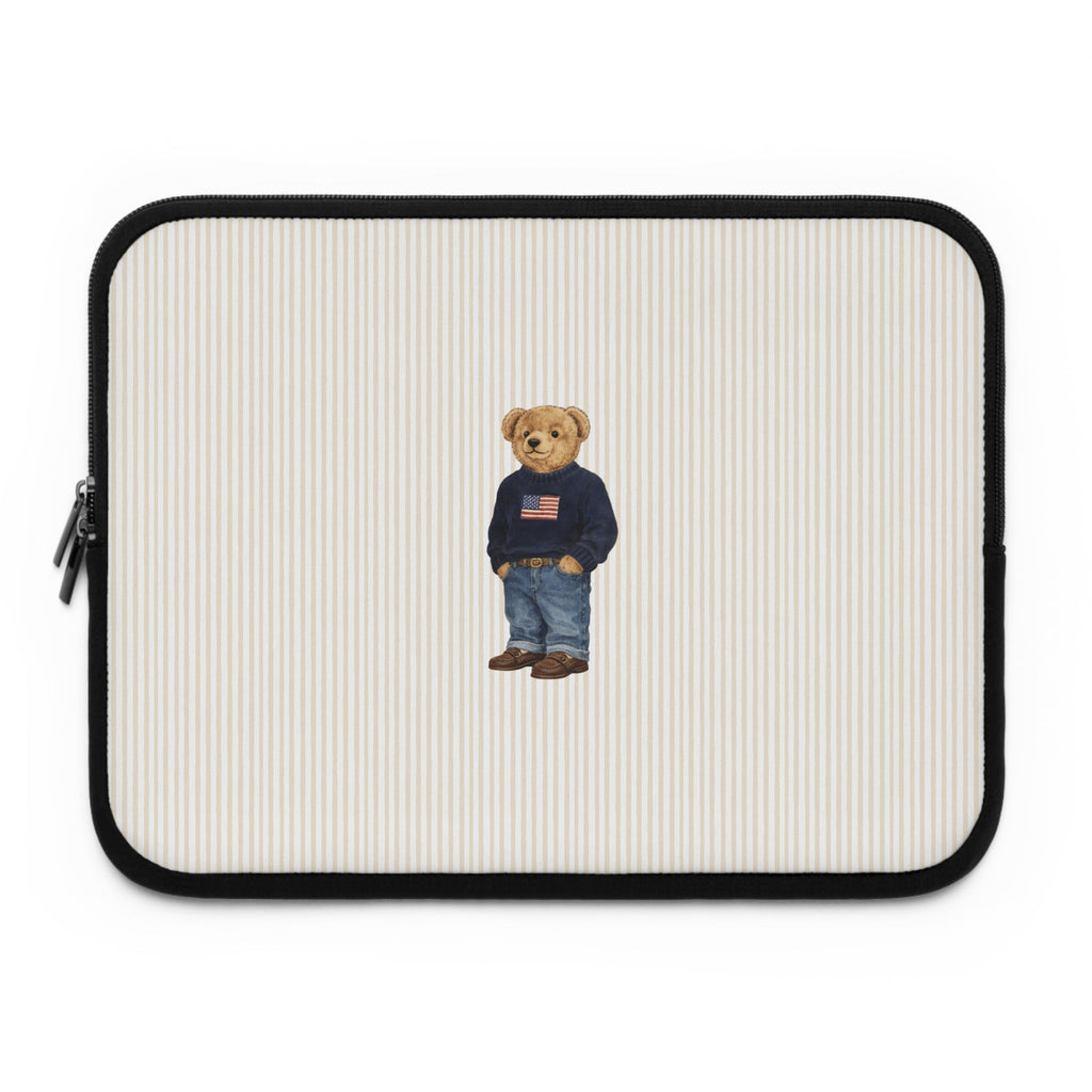 Beige striped sleeve with teddy bear graphic and black rounded edge, full front