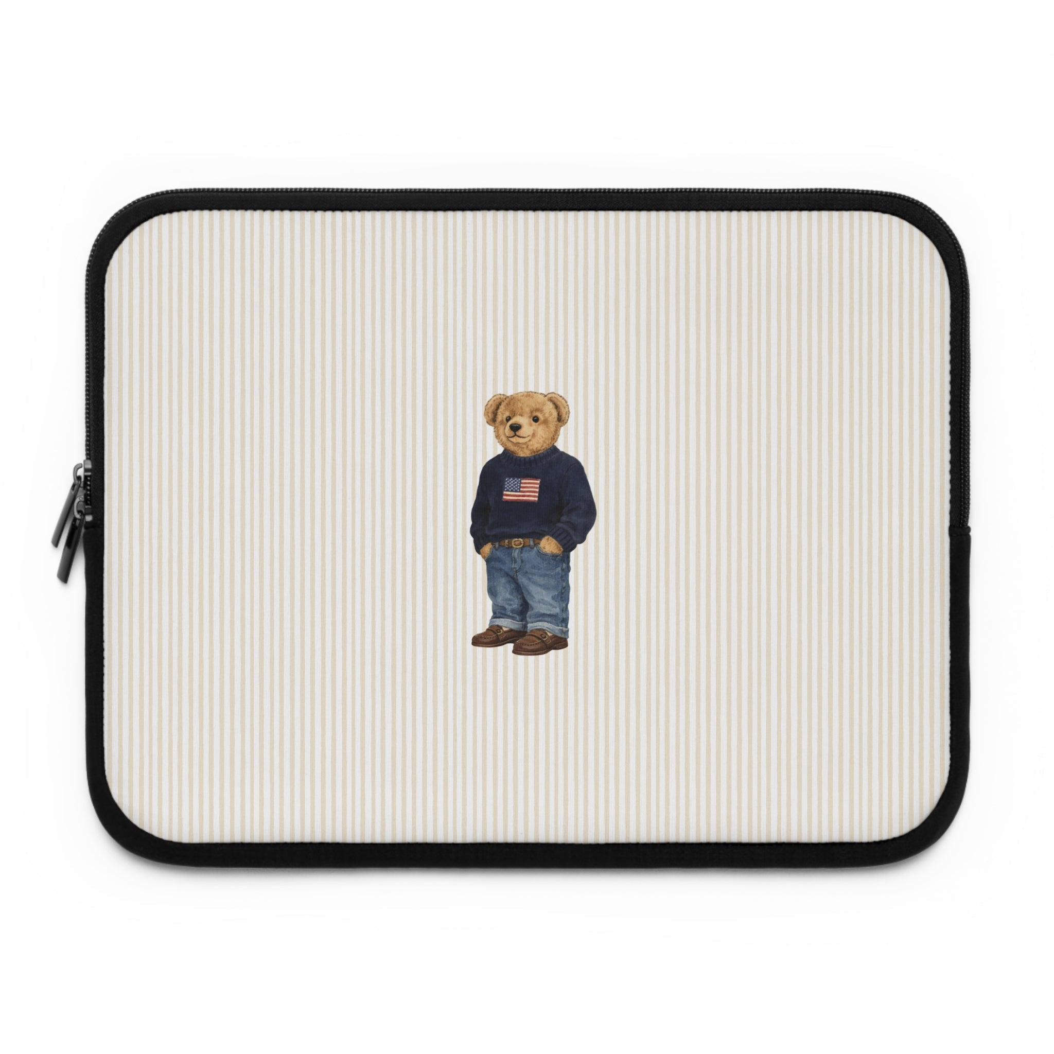 Beige striped sleeve with teddy bear graphic and black rounded edge, full front