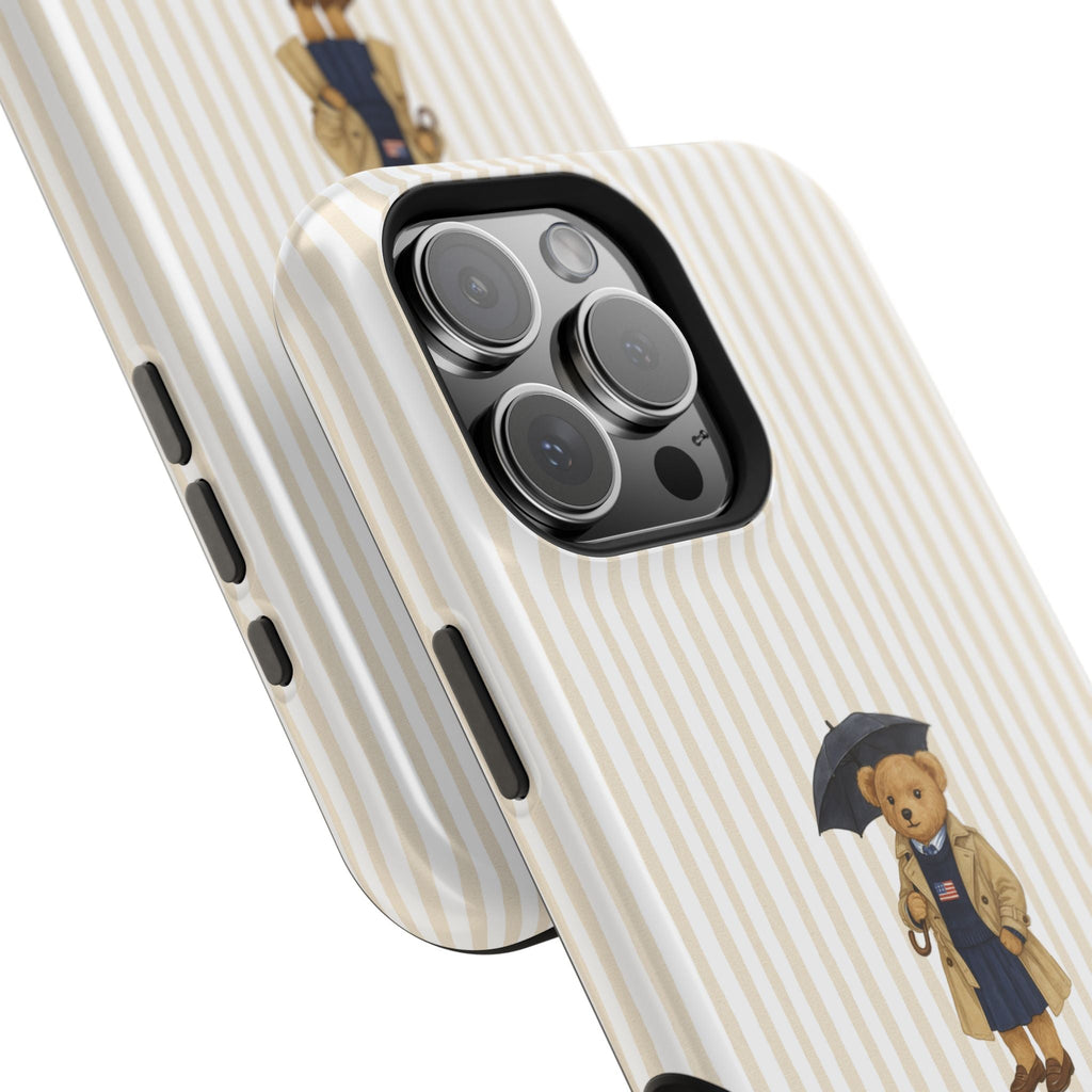 Beige striped phone case with teddy bear umbrella, side buttons and camera lenses